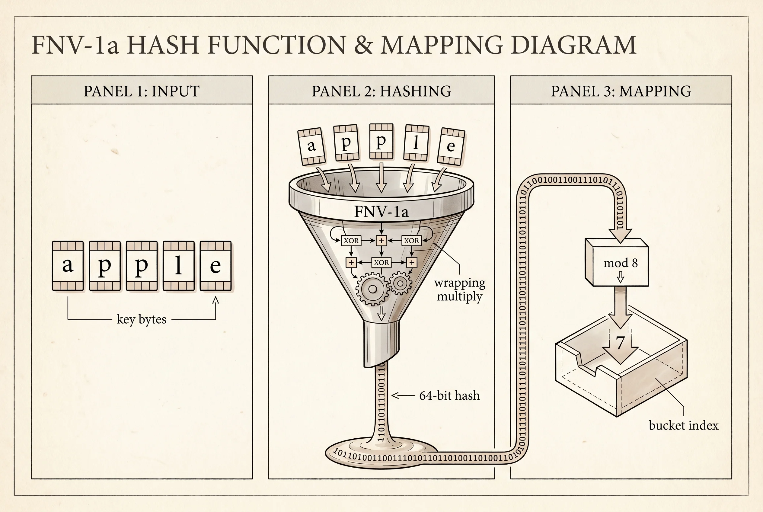 The FNV-1a hash function turning a string of bytes into a single 64-bit number, then folded down to a bucket index.