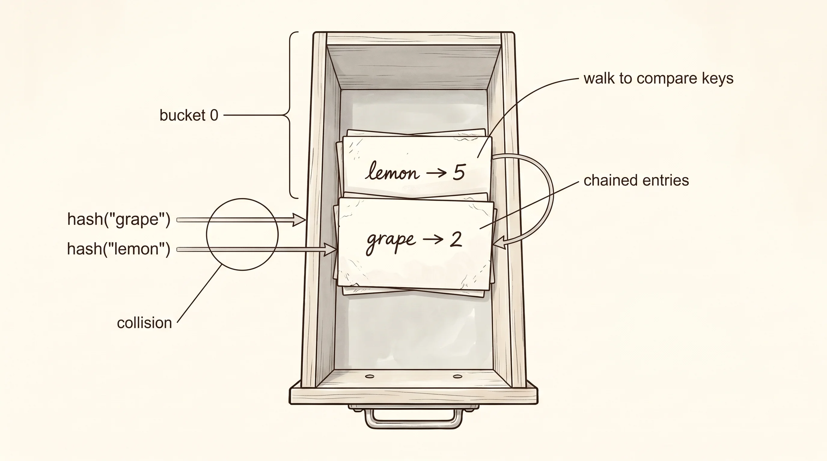 Two different keys hashing to the same drawer, stored as a small stack of cards (separate chaining).