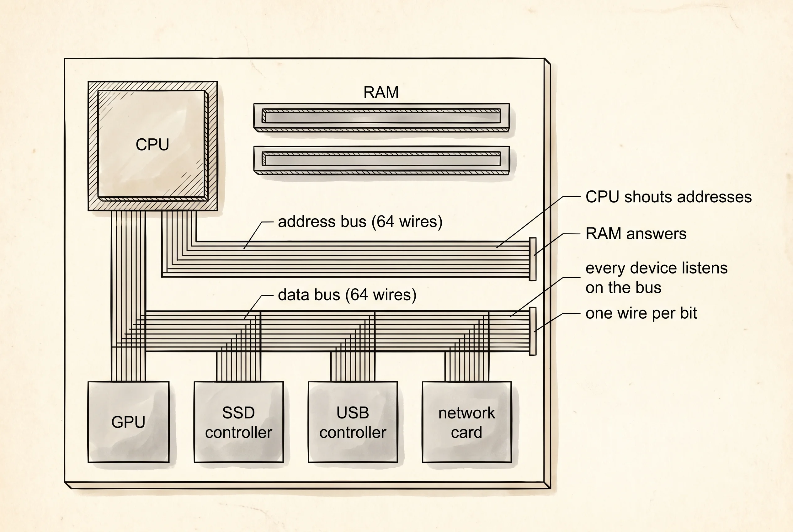 A motherboard top-down: the CPU shouts on the buses, every chip listens.