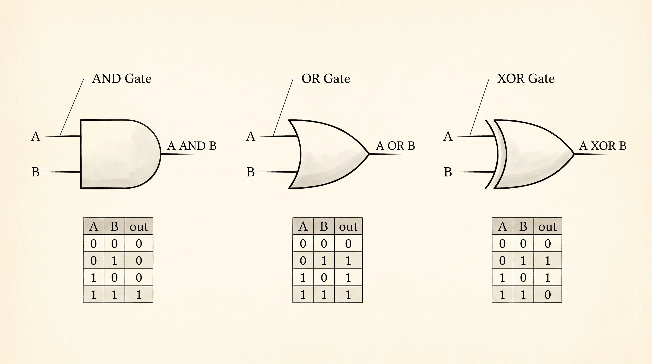 Three gates that make up the entire alphabet a CPU speaks: AND, OR, XOR.