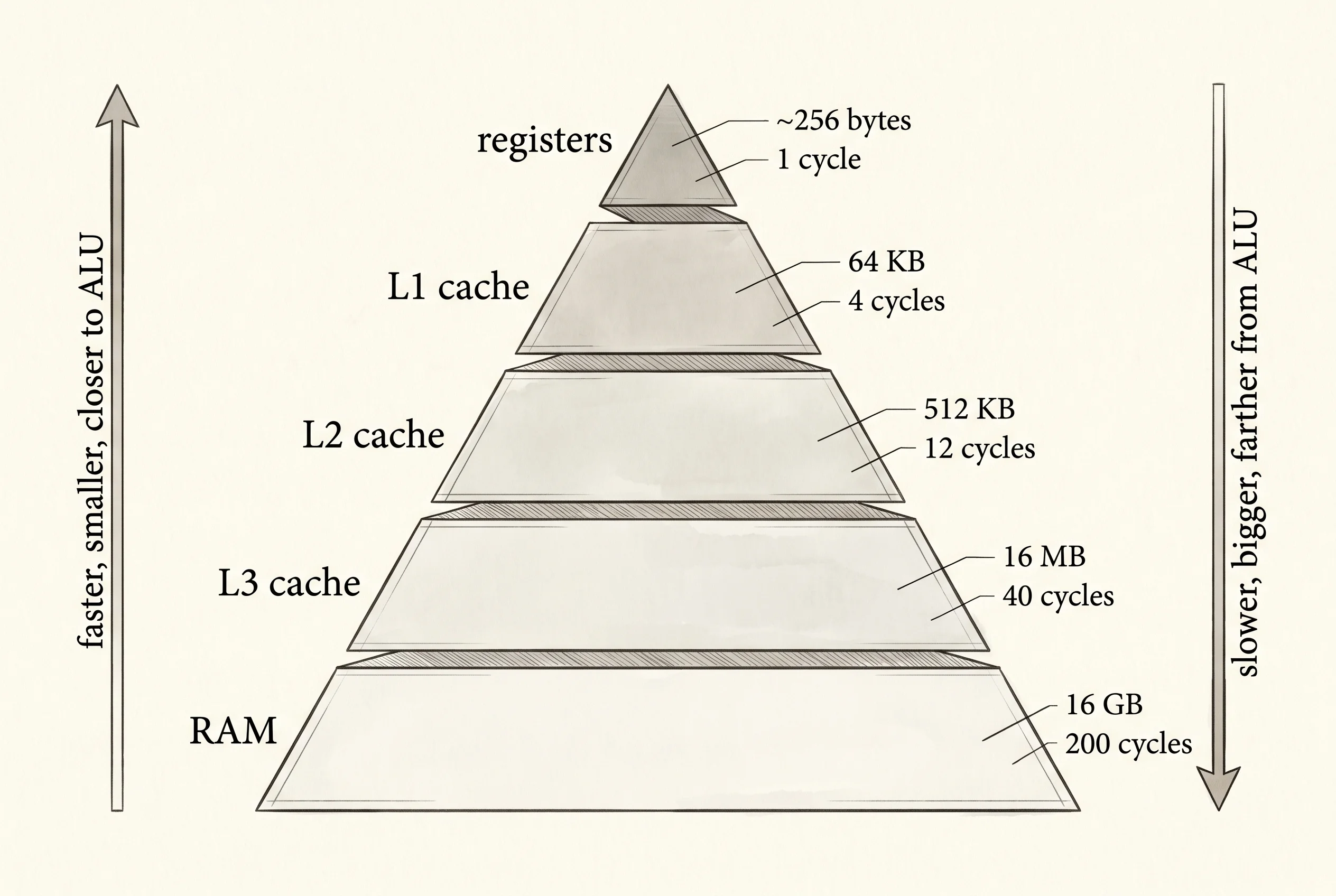 The memory pyramid: smaller and faster at the top, larger and slower at the bottom.