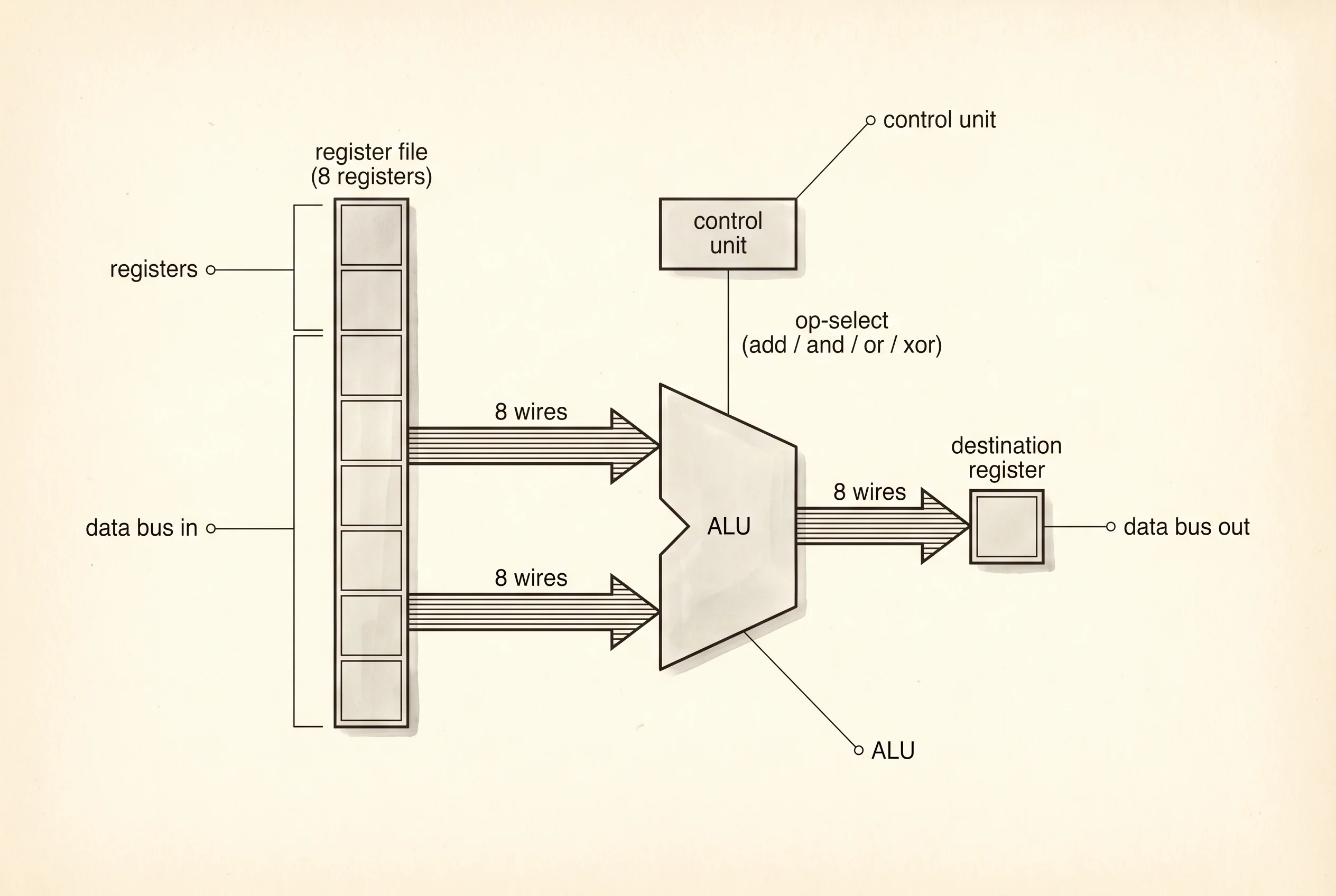 A CPU block diagram: the ALU sits between the register file and the rest of the chip.