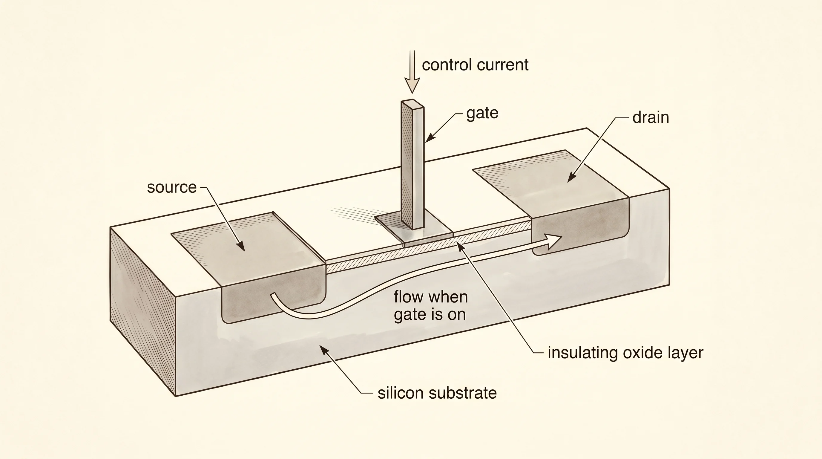A MOSFET transistor cut away to show the three terminals that make it a switch.