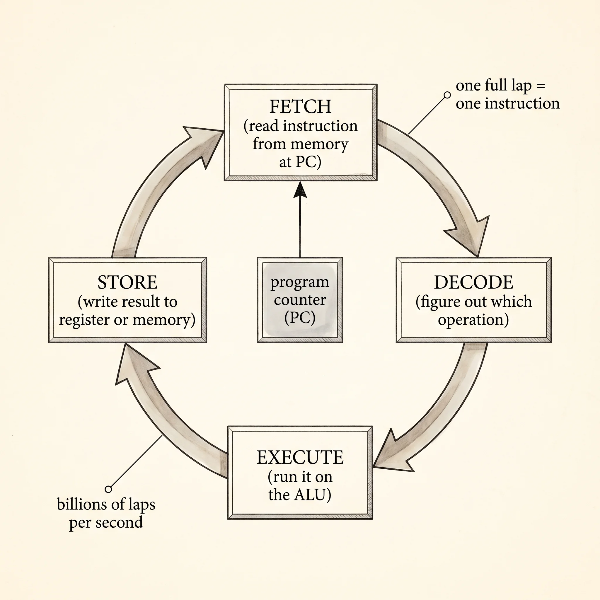 Fetch, decode, execute, store: the four-beat loop every CPU has run since 1945.