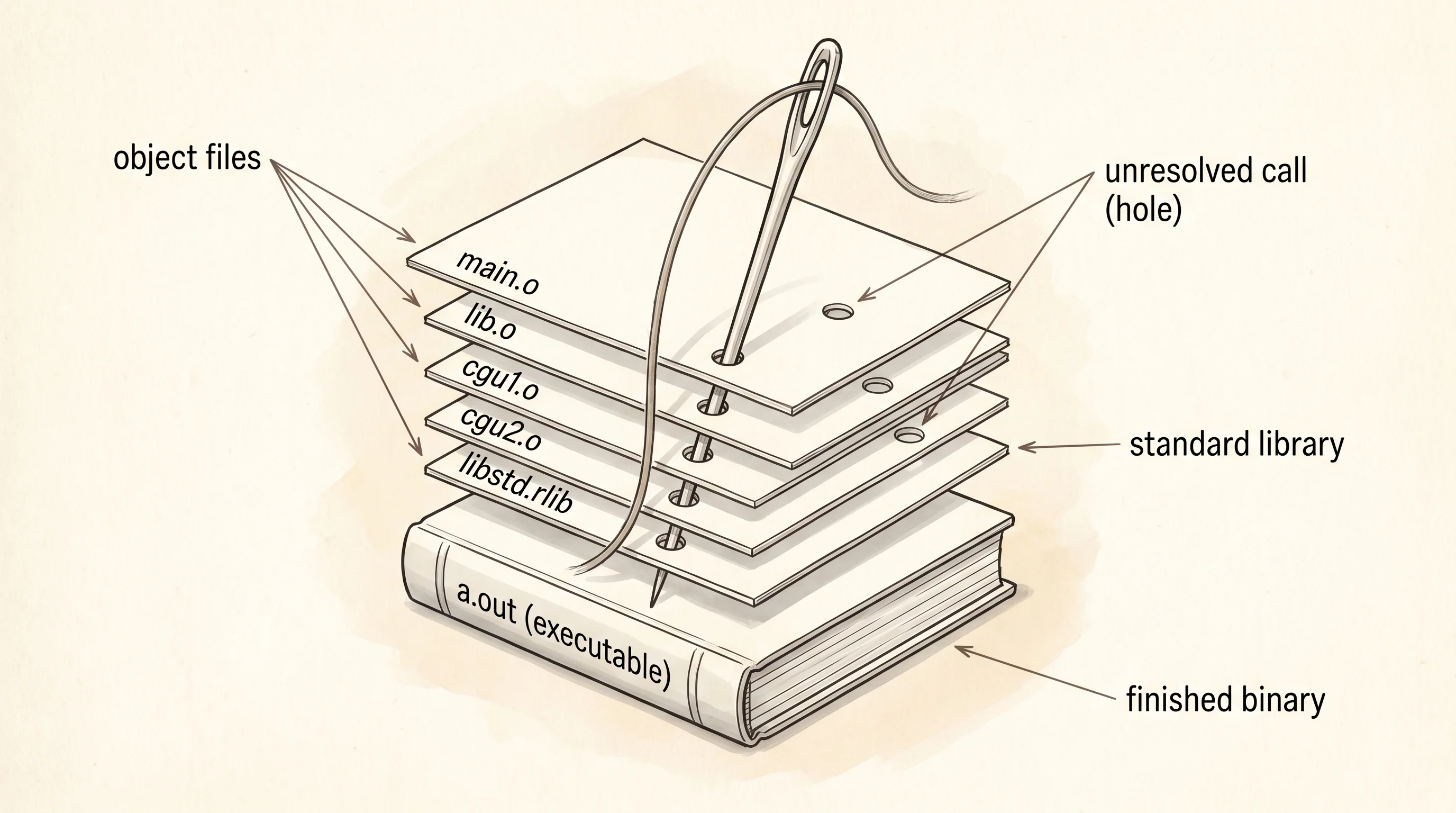 The linker stitches every object file plus the standard library into one executable.