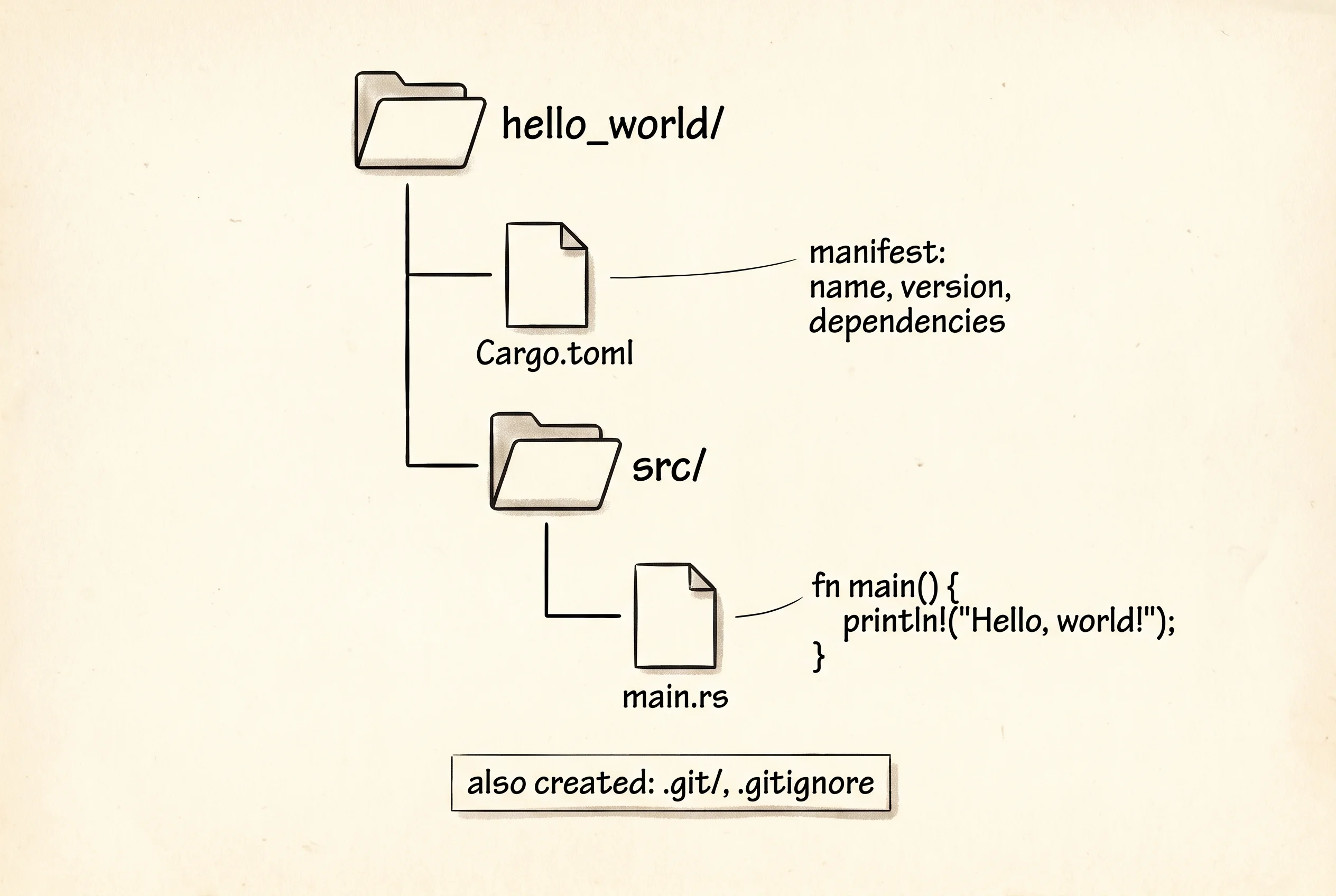 What `cargo new hello_world` writes to disk: one folder, one manifest, one source file.