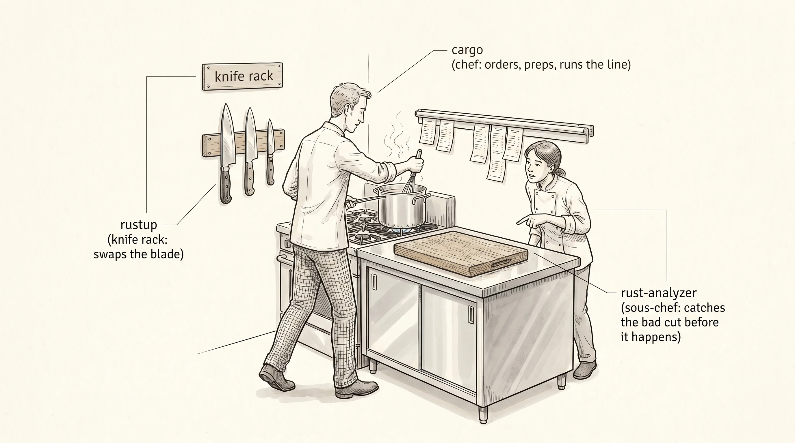 Three Rust tools laid out like a working kitchen: a knife rack, a chef at the prep counter, and a sous-chef at the shoulder.