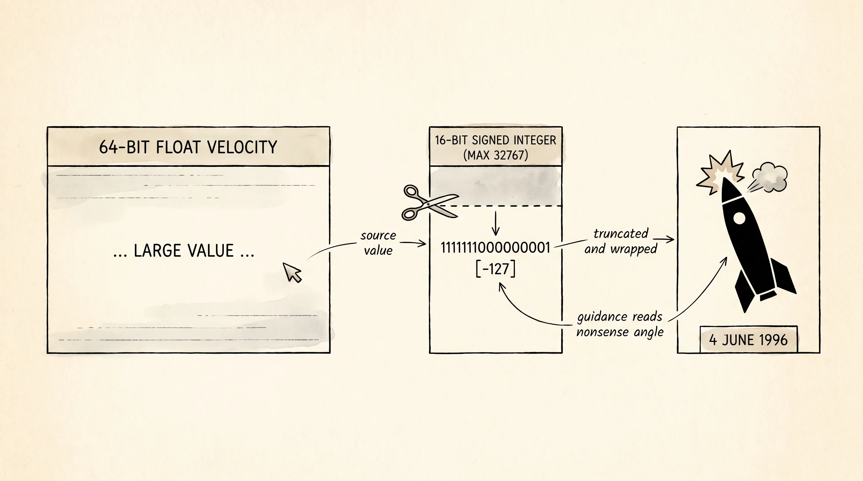 How a 64-bit float crammed into a 16-bit signed integer ended the Ariane 5 launch in 1996.