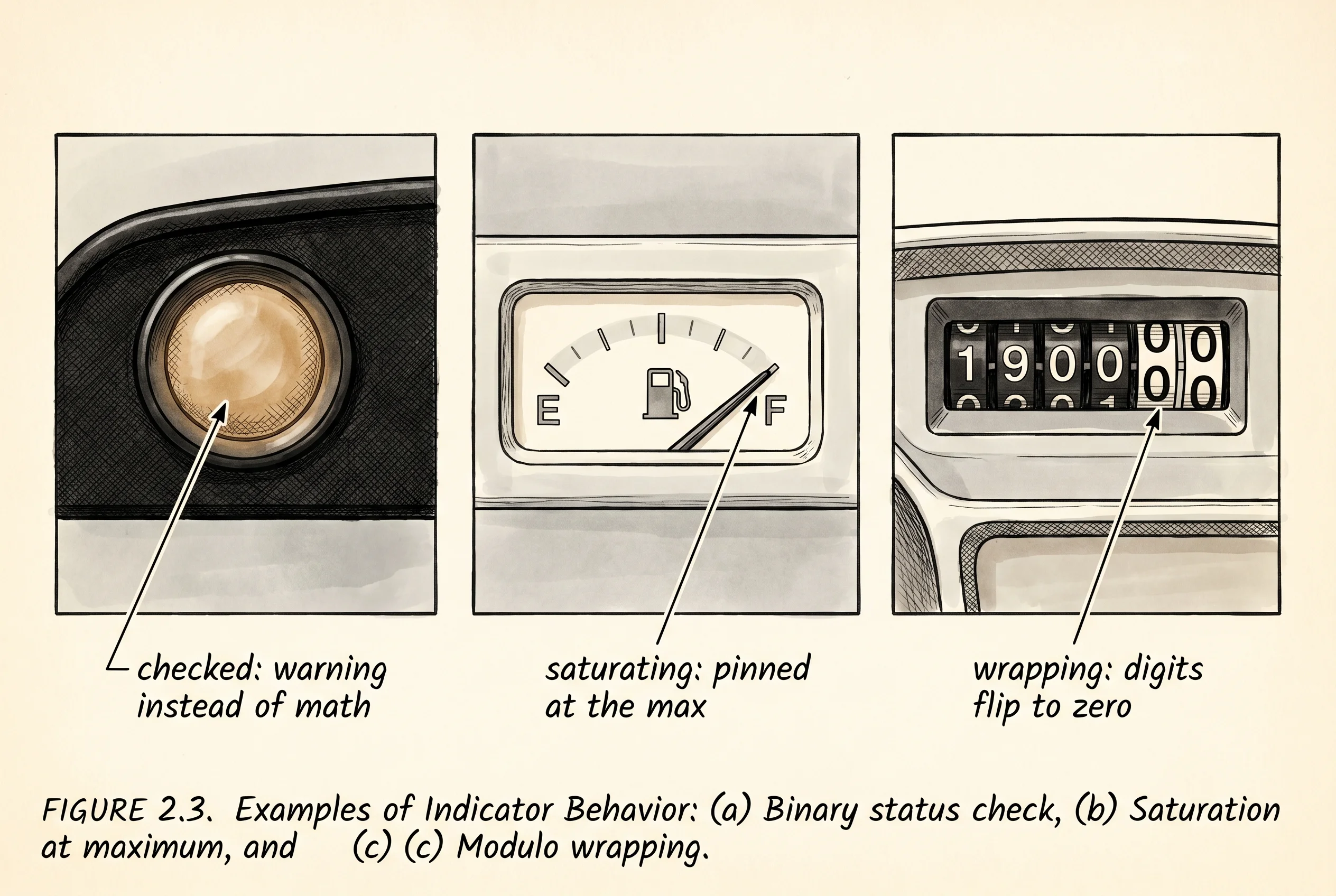 Three dashboard metaphors for Rust's three overflow strategies.