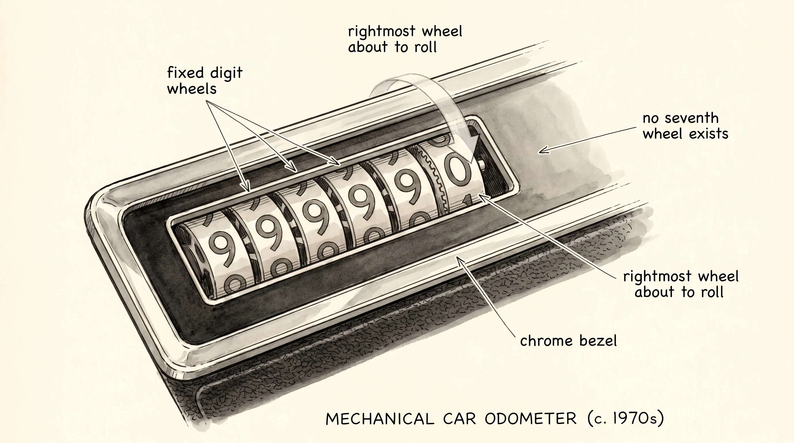 A six-digit mechanical car odometer rolling from 999999 to 000000.