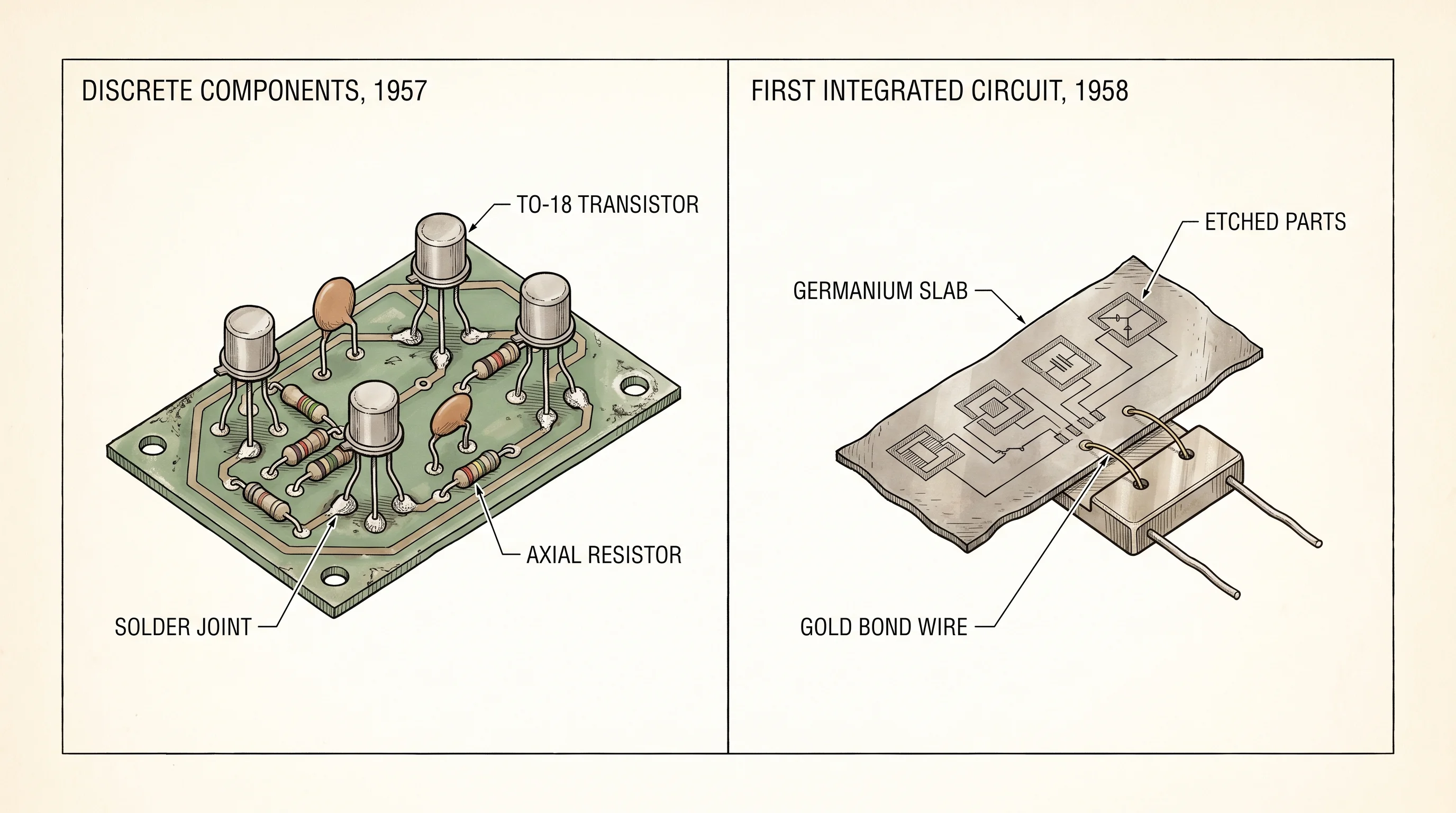 A 1957 discrete-transistor circuit board next to Kilby's 1958 integrated circuit at the same scale.