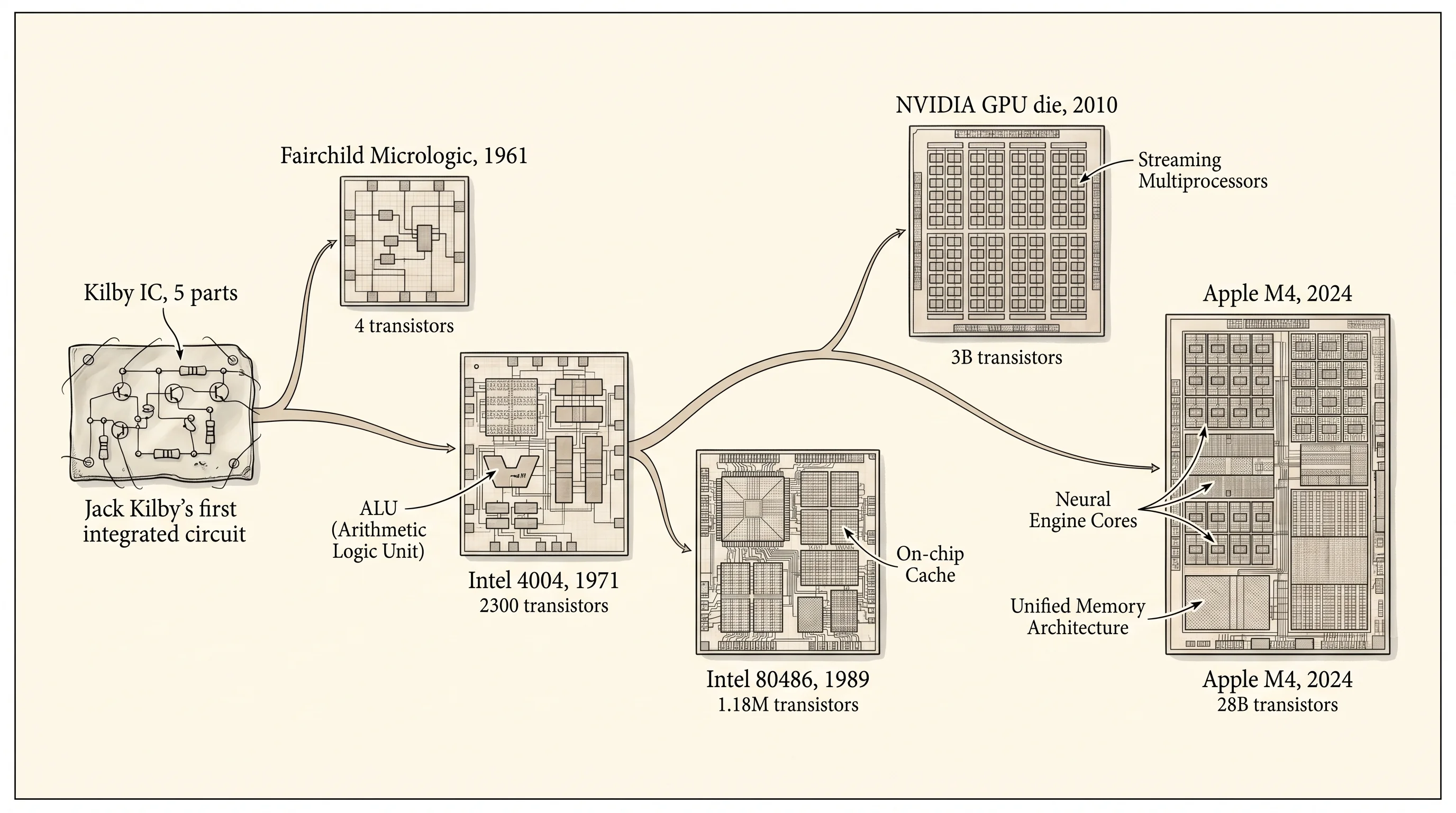 From one paper-clip-sized chip in 1958 to billions of transistors per die in 2024 — a 66-year family tree.