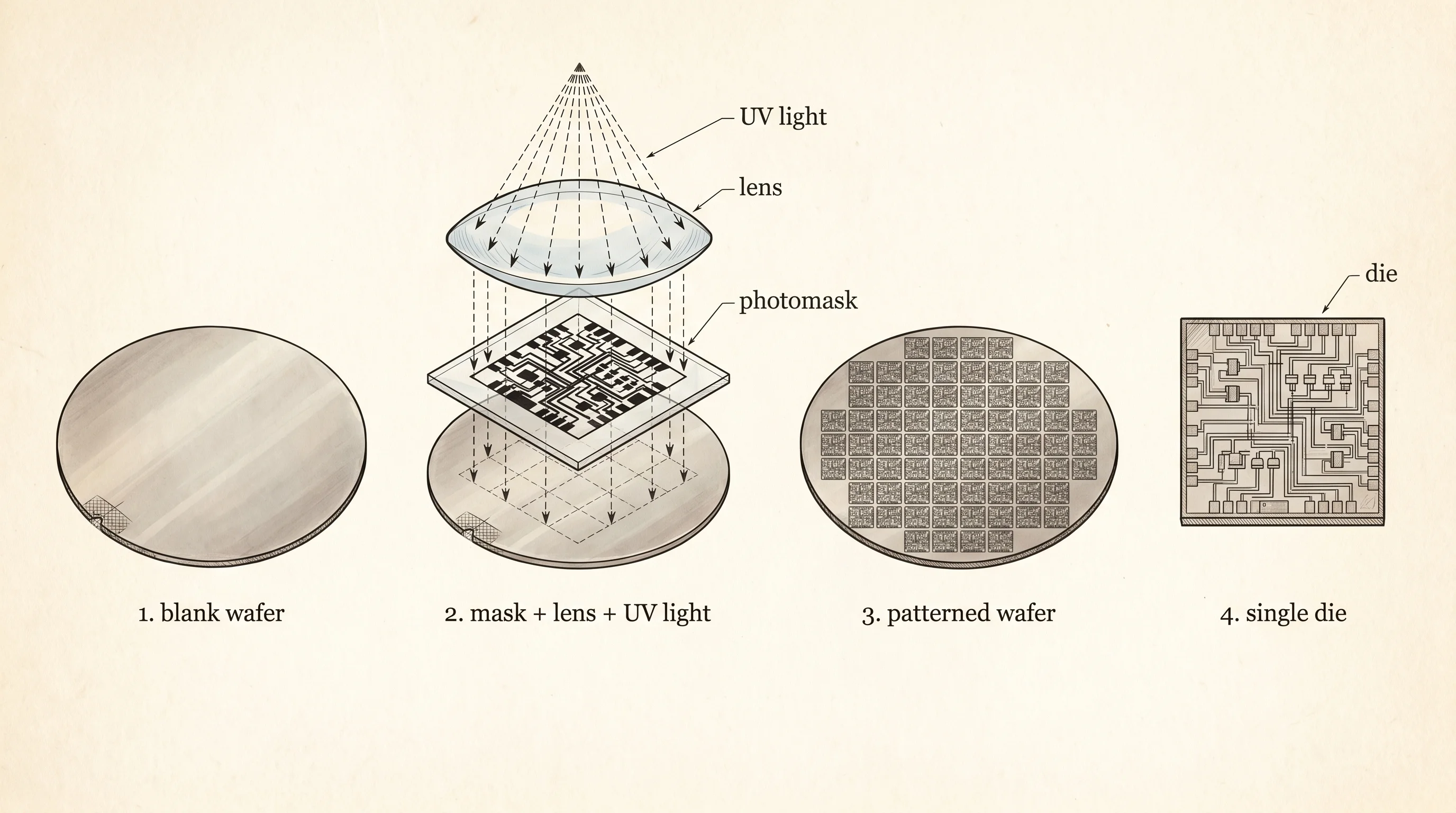 Photolithography: how a single lens prints millions of transistors onto a silicon wafer in one shot.