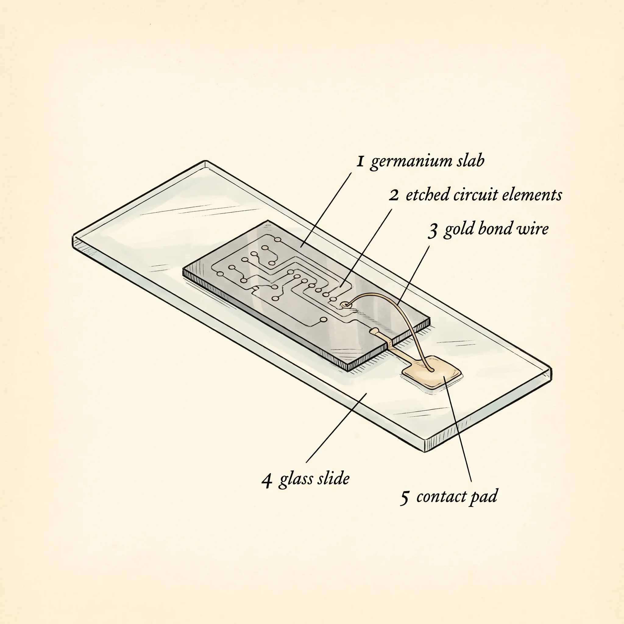 Kilby's first integrated circuit — a thin slab of germanium with five circuit elements and a single gold bond wire, mounted on a glass slide.