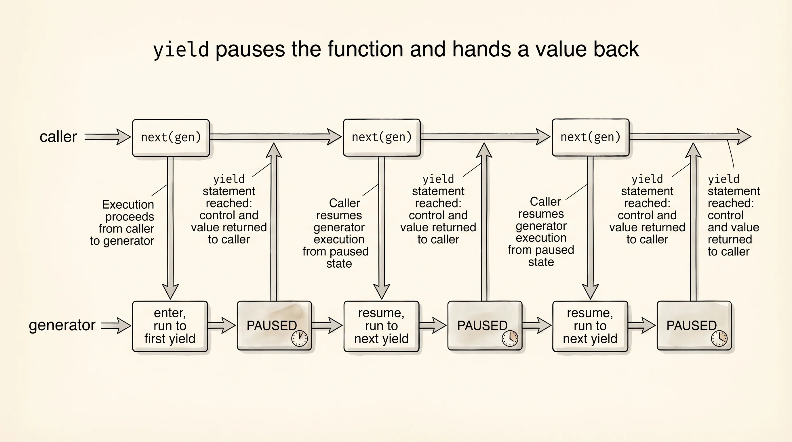 yield as a pause button: the generator freezes, hands a value back, and waits.