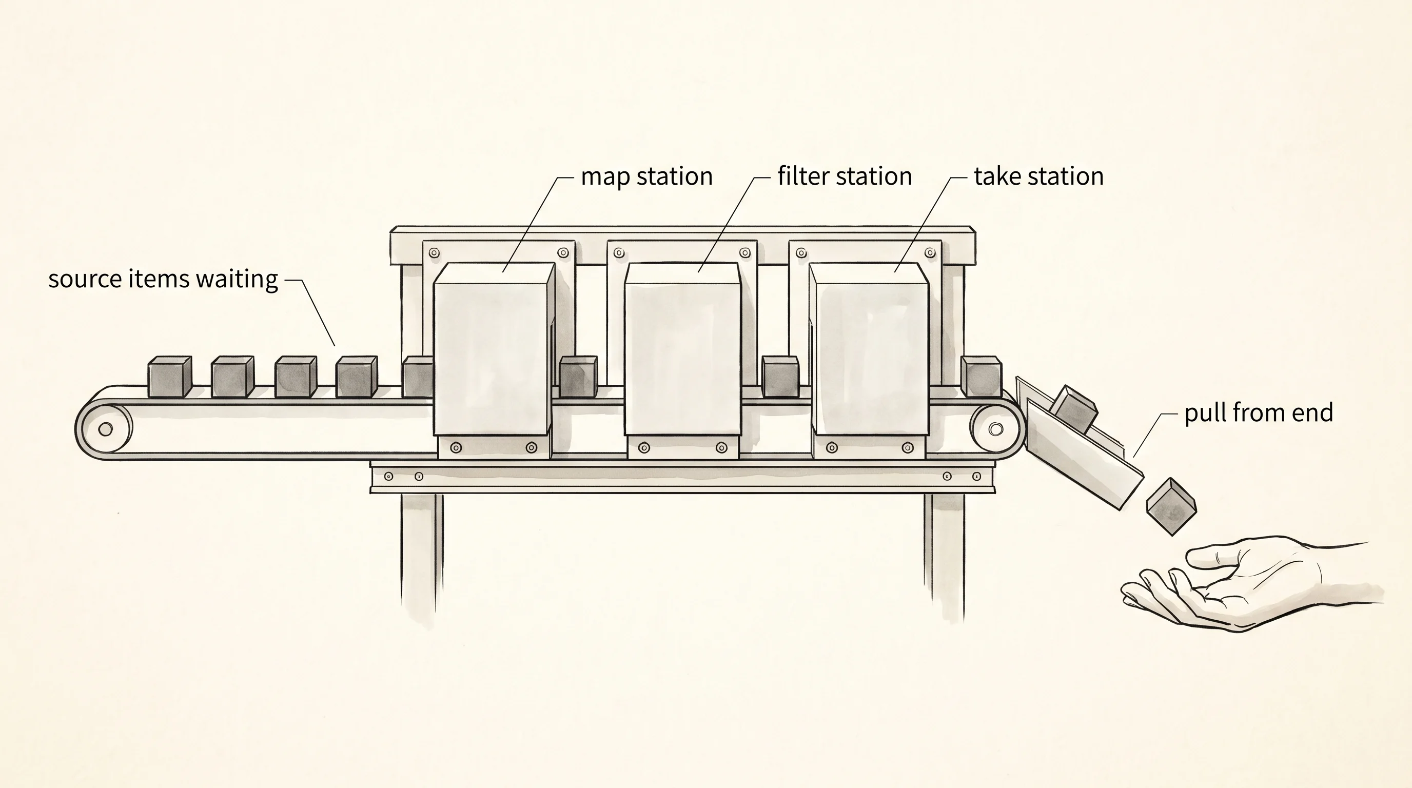 A factory conveyor belt with three inline stations and a hand pressing the button at the discharge end.
