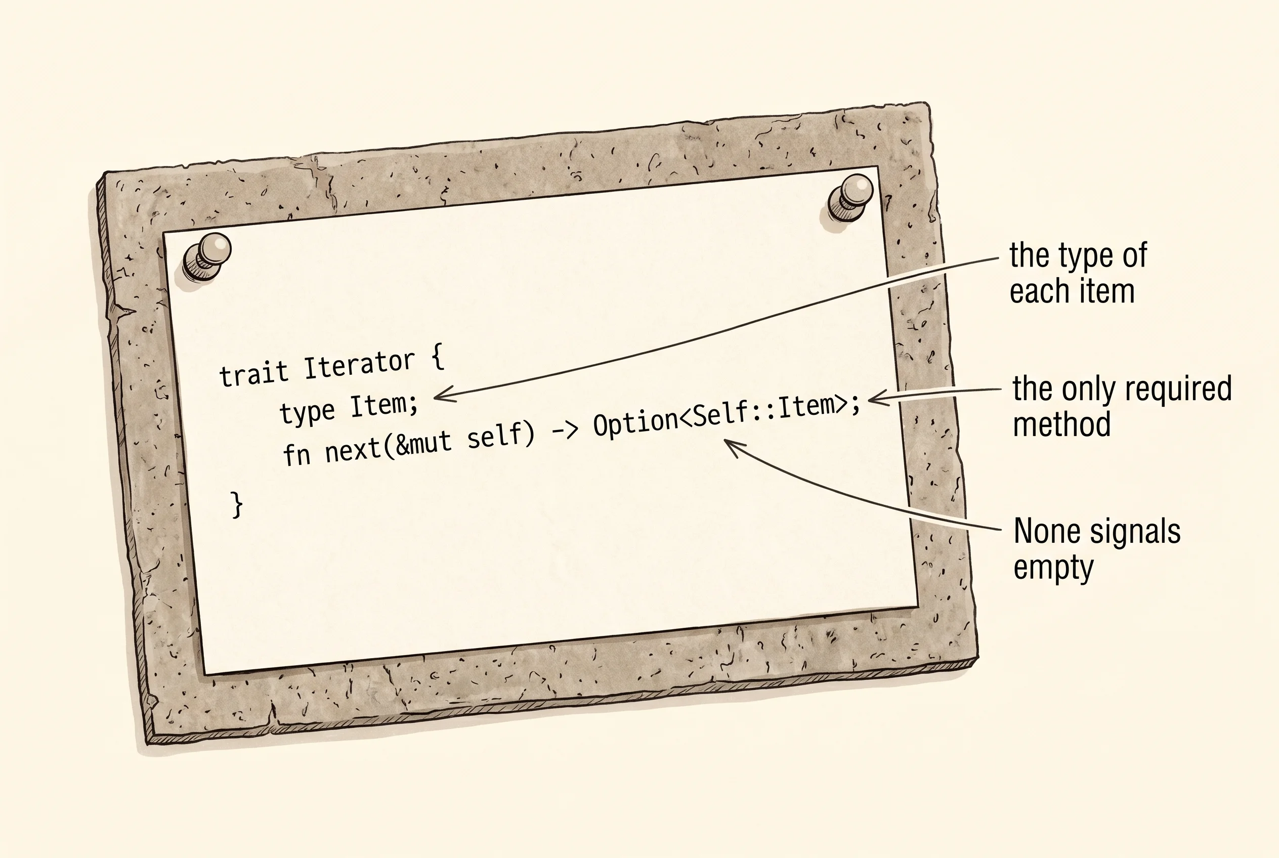 The whole Iterator trait fits on a notecard: one associated type and one next method.