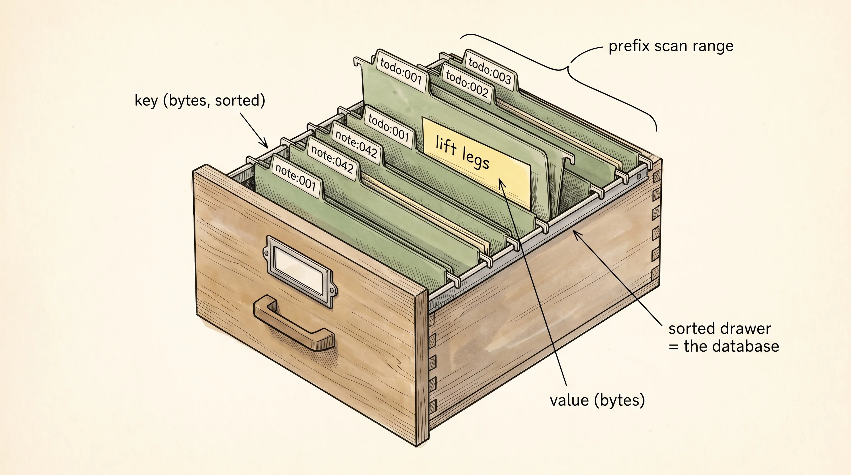 A key-value store is a sorted drawer of labeled folders — keys on the tabs, values inside.