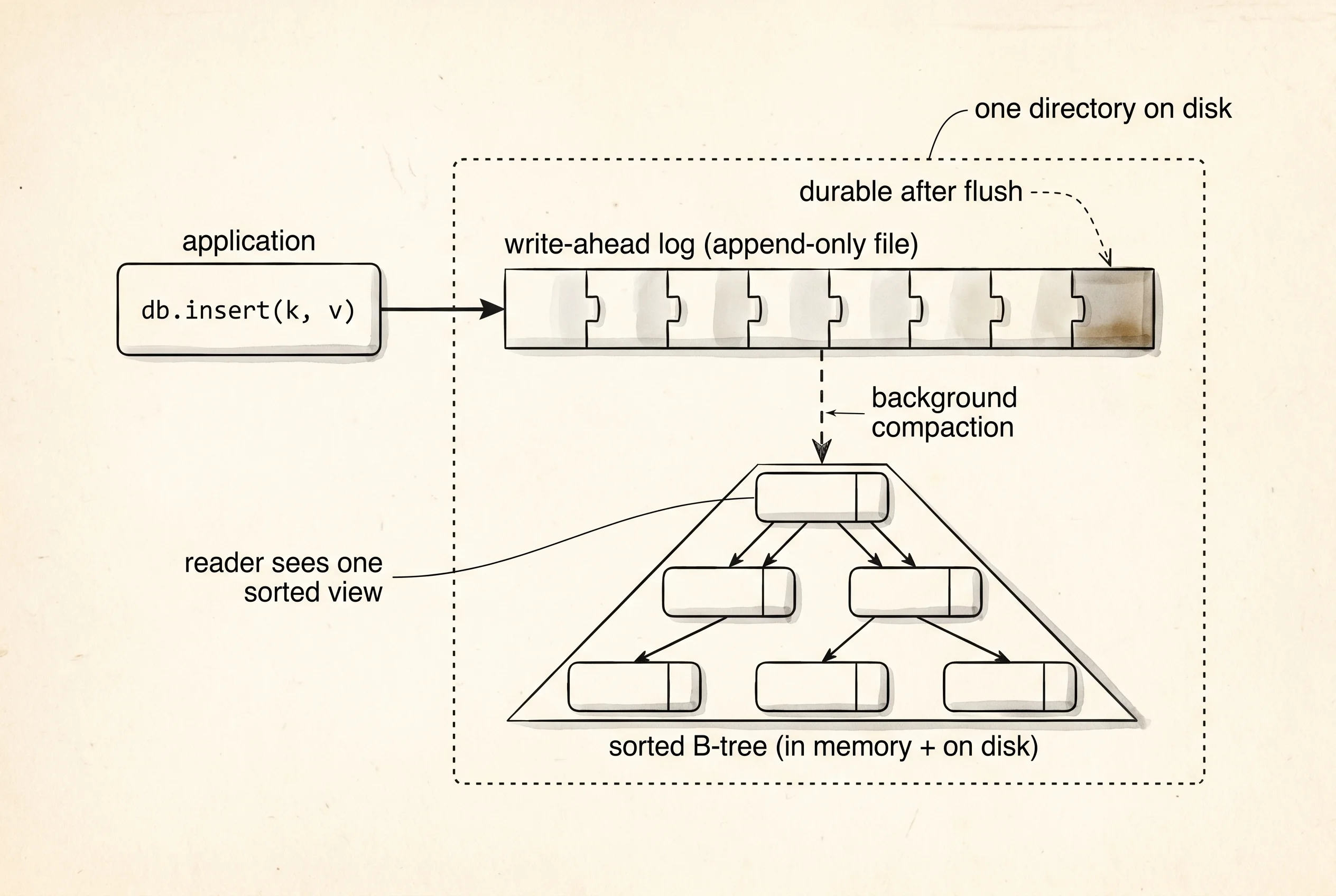 How sled stores writes: an append-only log up front, a sorted B-tree behind it, both living inside one directory on disk.