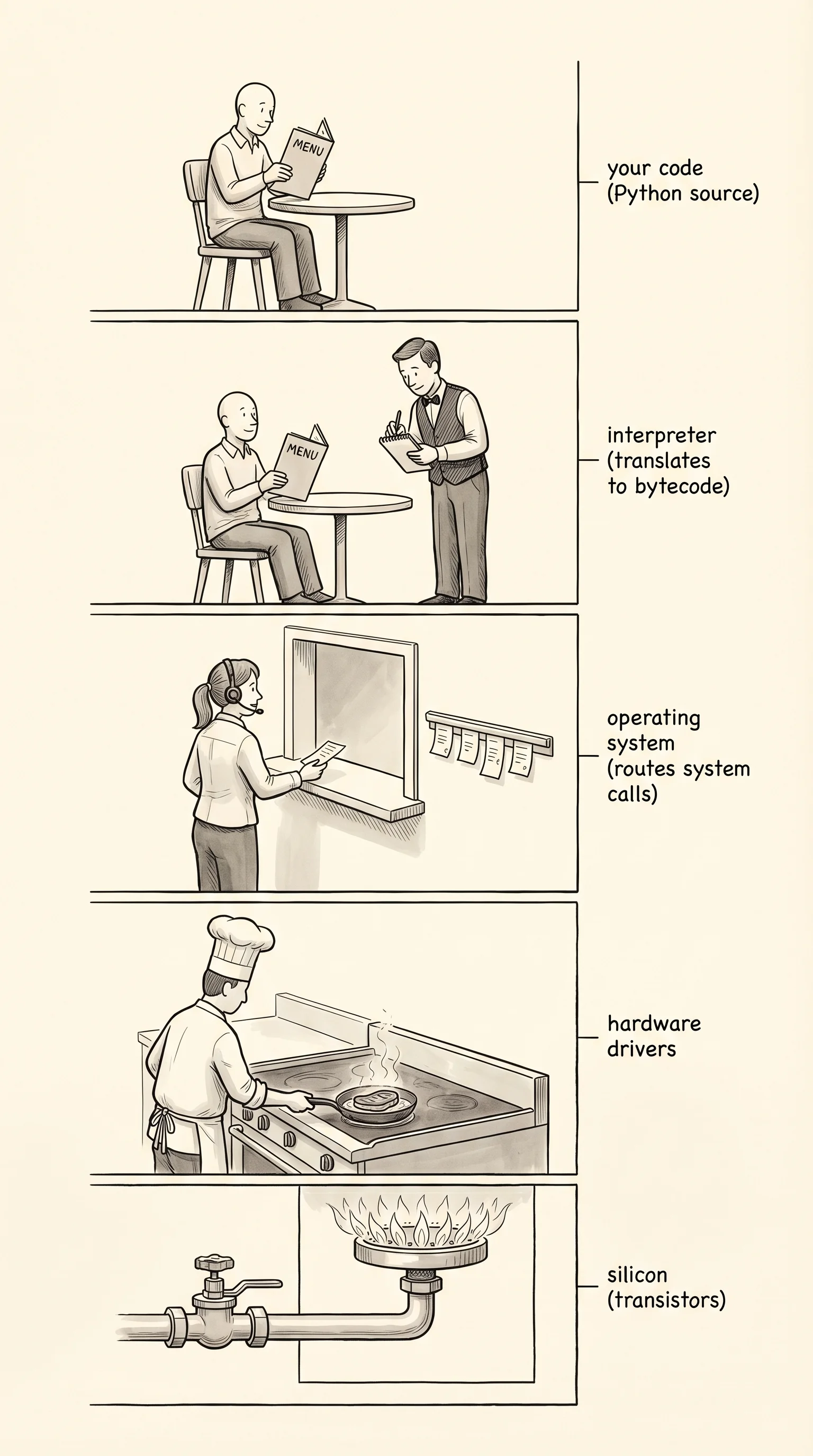 The restaurant tower: customer order → waiter → expediter → cook → stove.