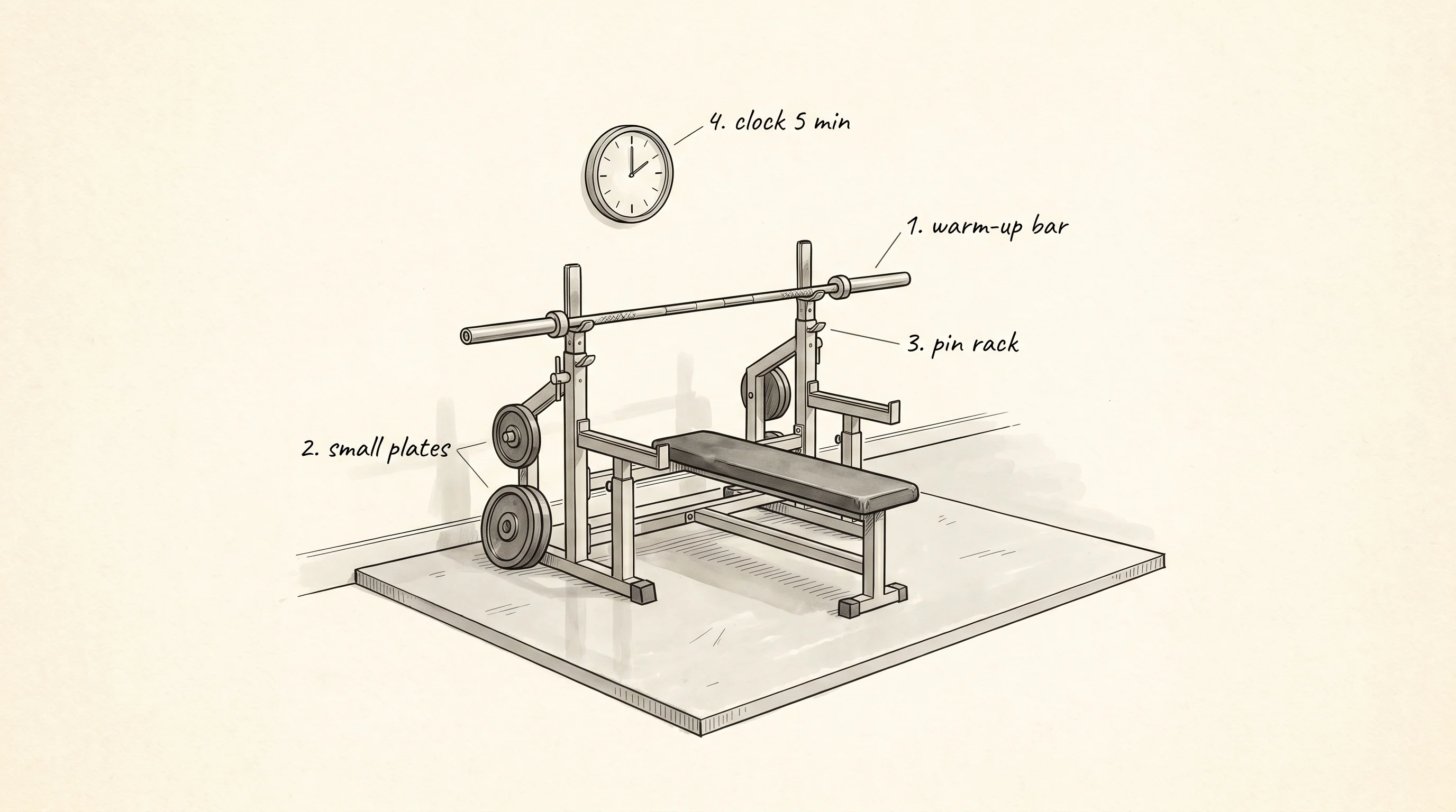 A gym warm-up rack with the empty bar and a clock above it, the way LeetCode drills feel before a real session.