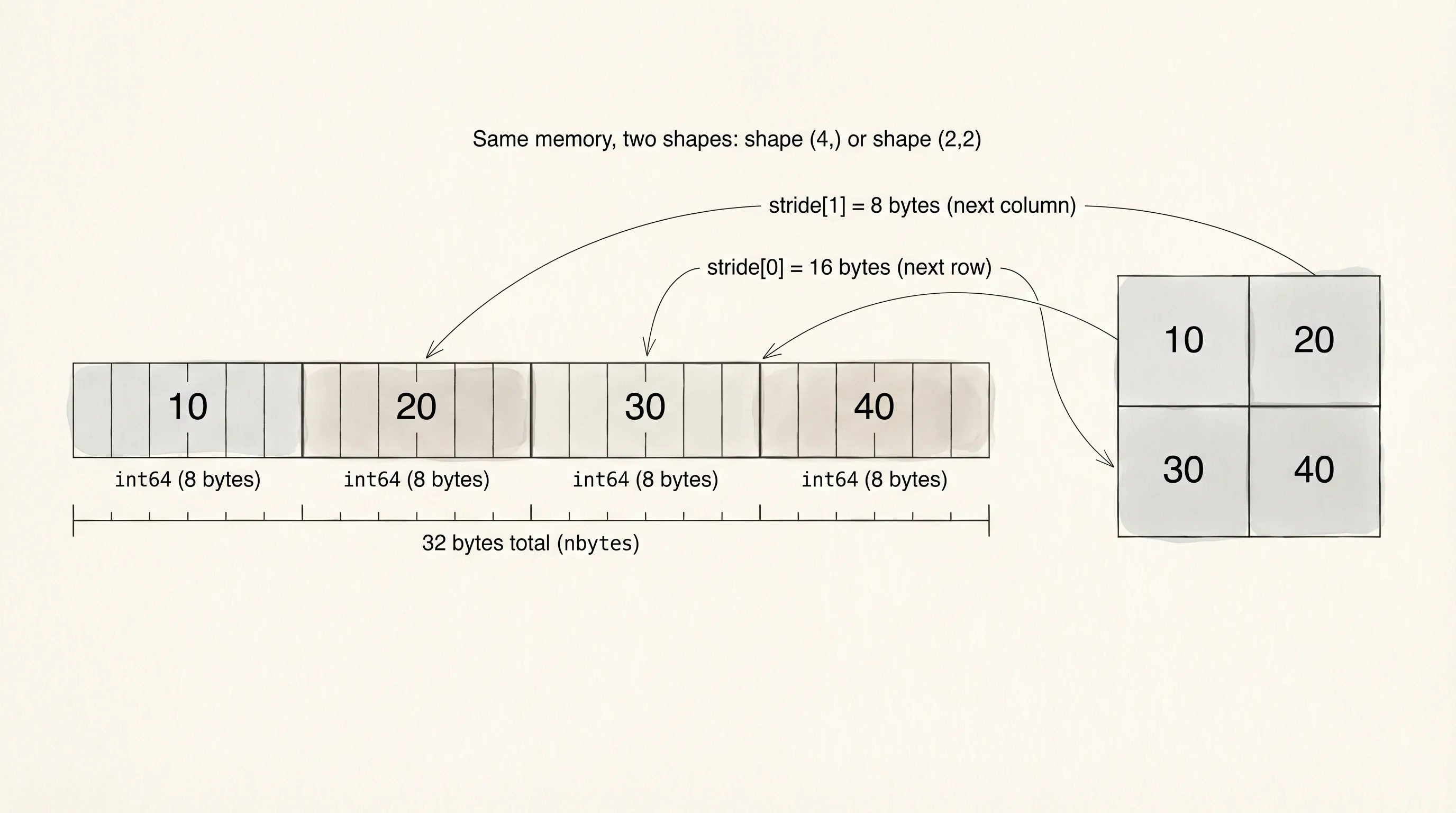 A 2x2 int64 array: one flat memory block, shape (2,2), strides (16,8).