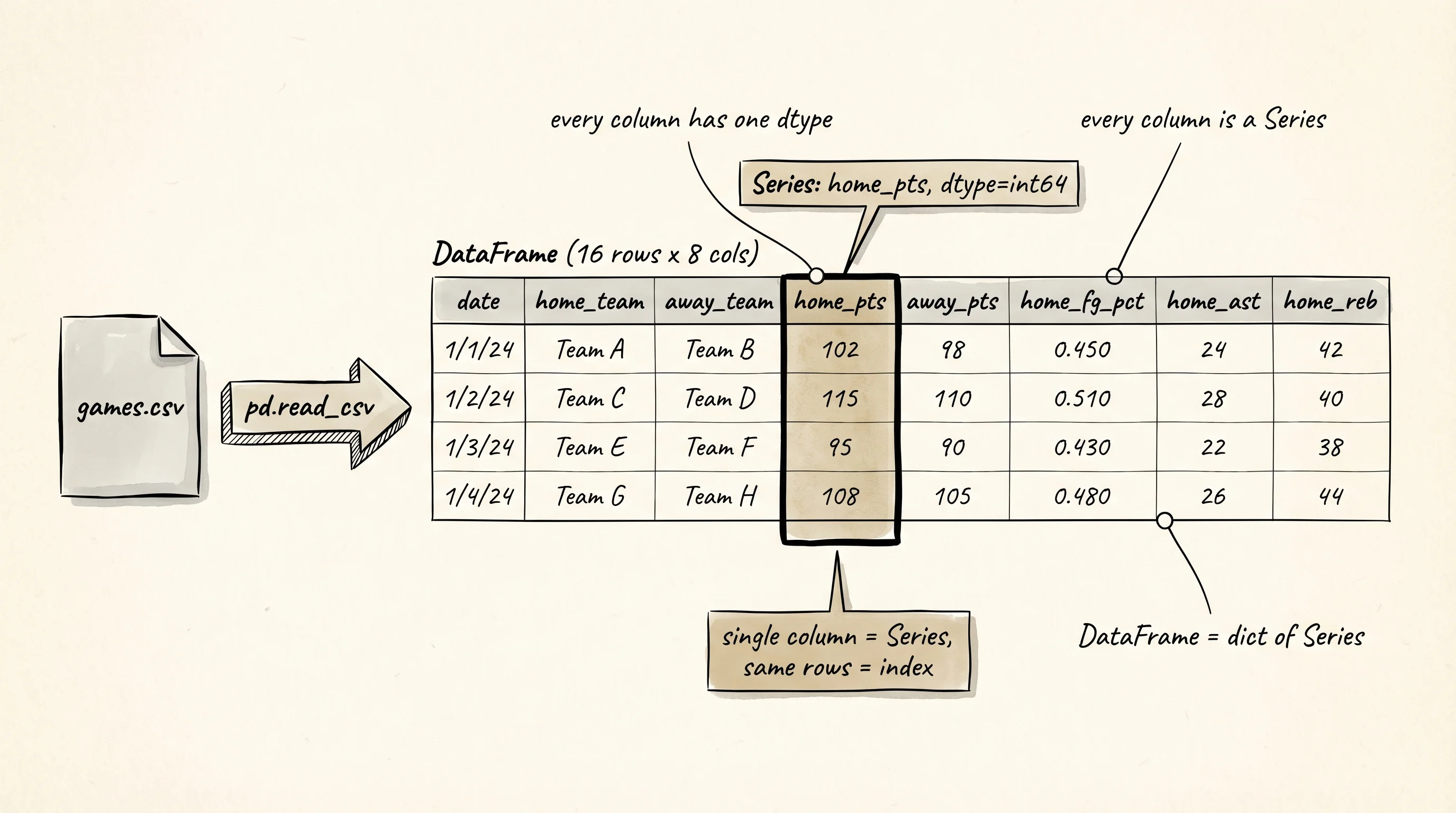 A DataFrame is a dictionary of Series: one named, typed column per key.