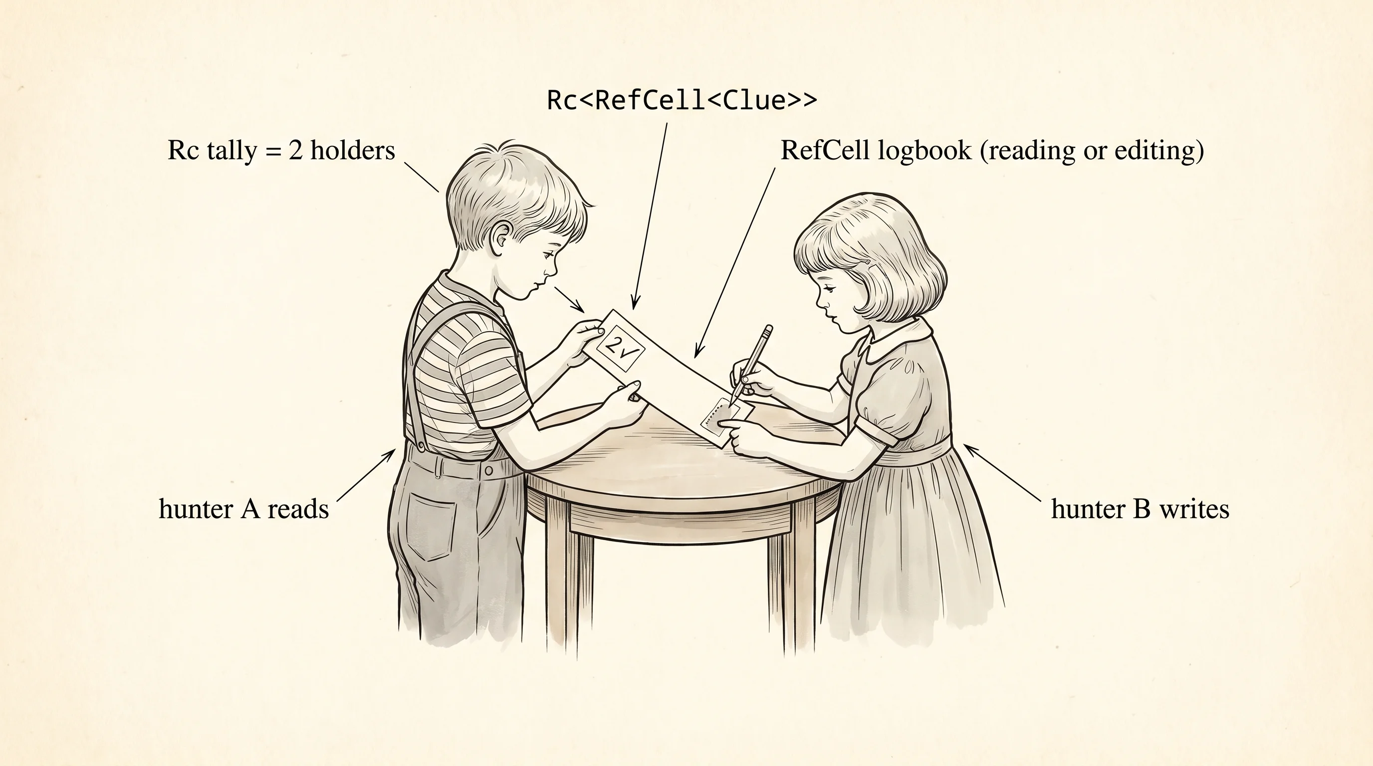 Two hunters share the same trail of clues — only an Rc<RefCell> lets them both hold the slips while one rewrites the middle one.