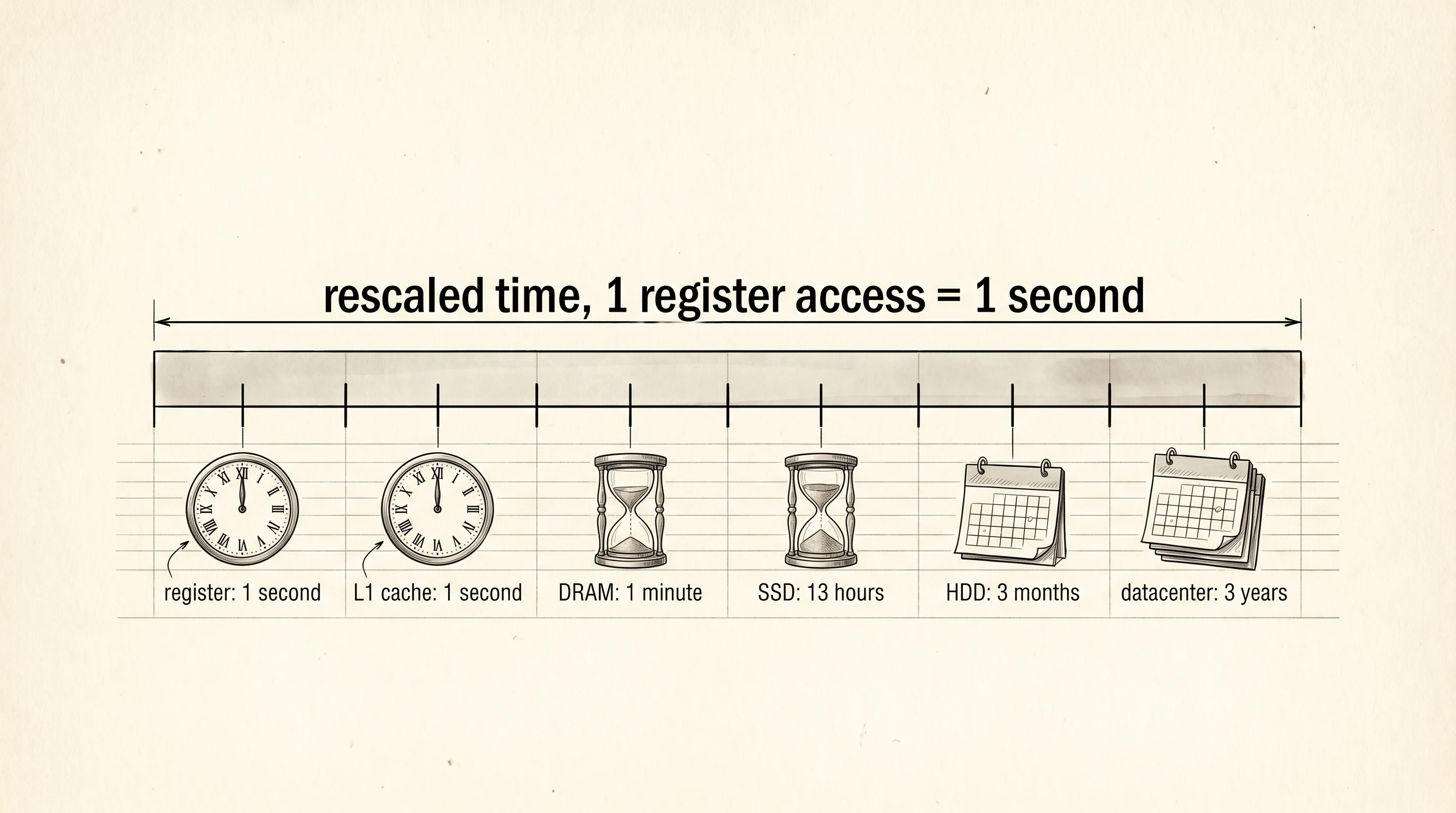 If a register access took 1 second, here is how long every other tier would feel.