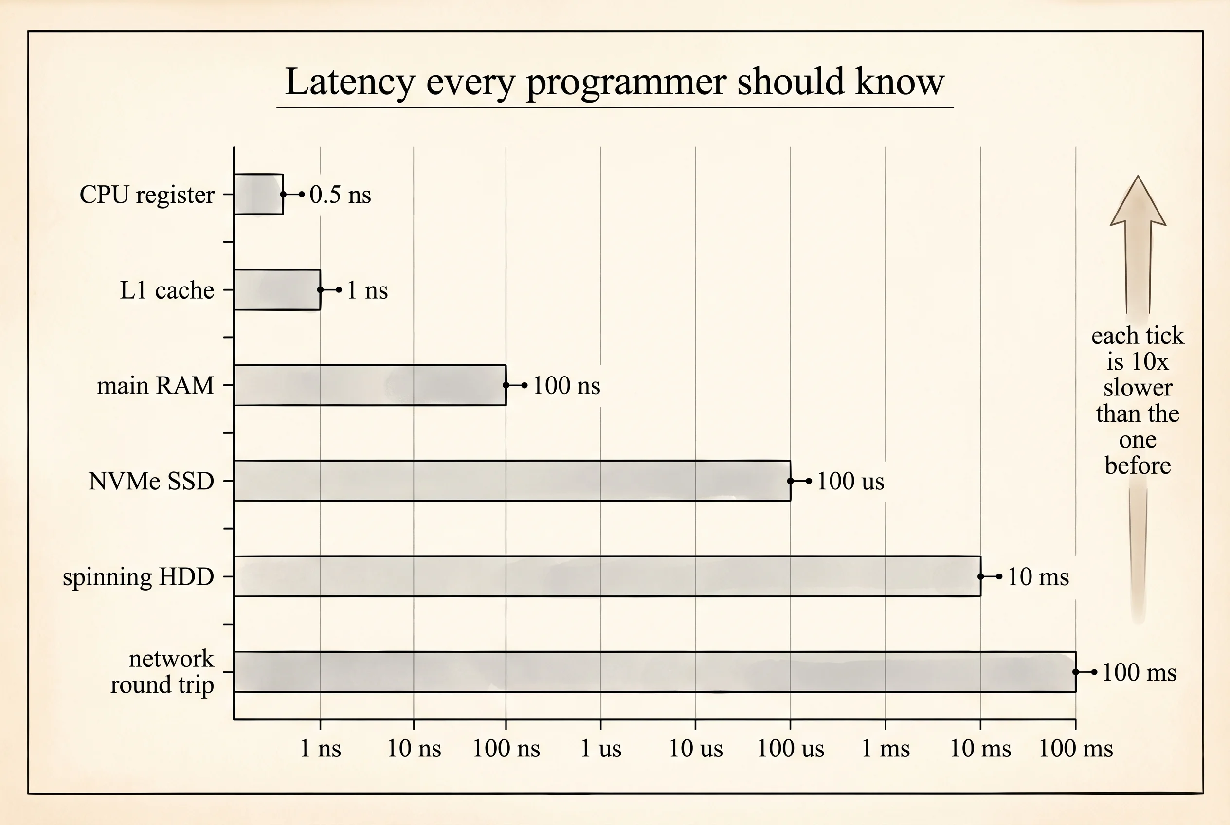 Latency numbers drawn to log scale: registers, L1, RAM, SSD, HDD, network.