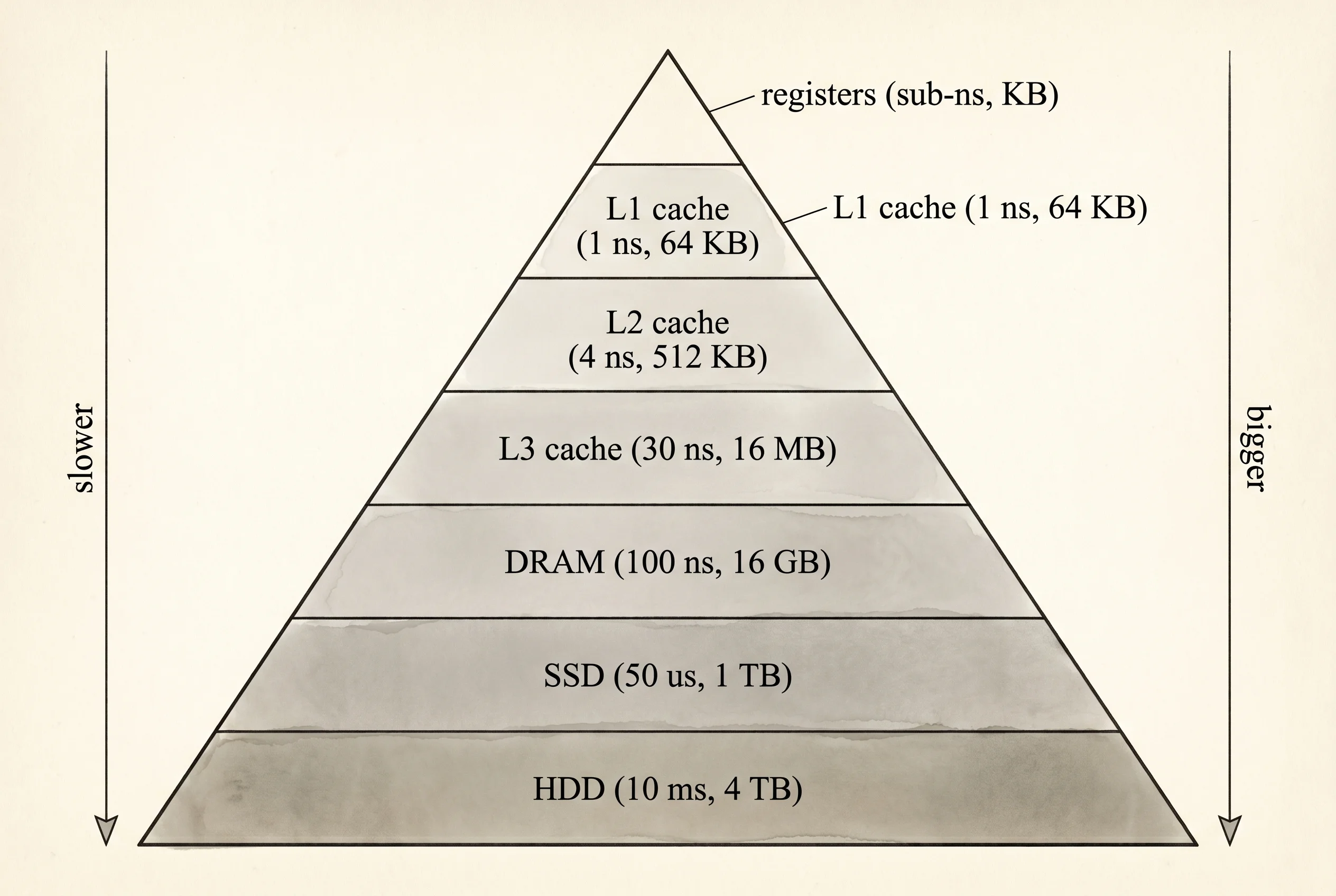The memory hierarchy as a pyramid — fast and tiny on top, slow and vast on the bottom.