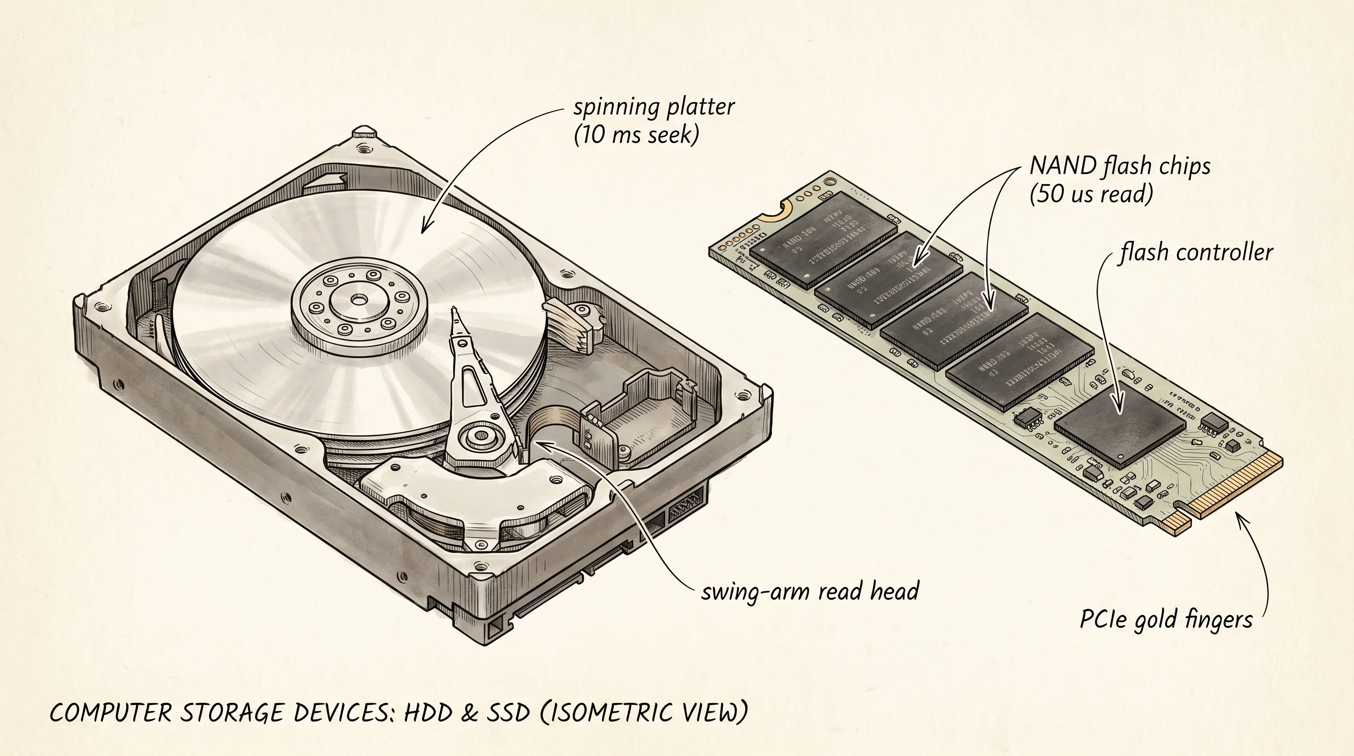 A spinning hard drive next to a flash SSD — moving parts versus electrons.