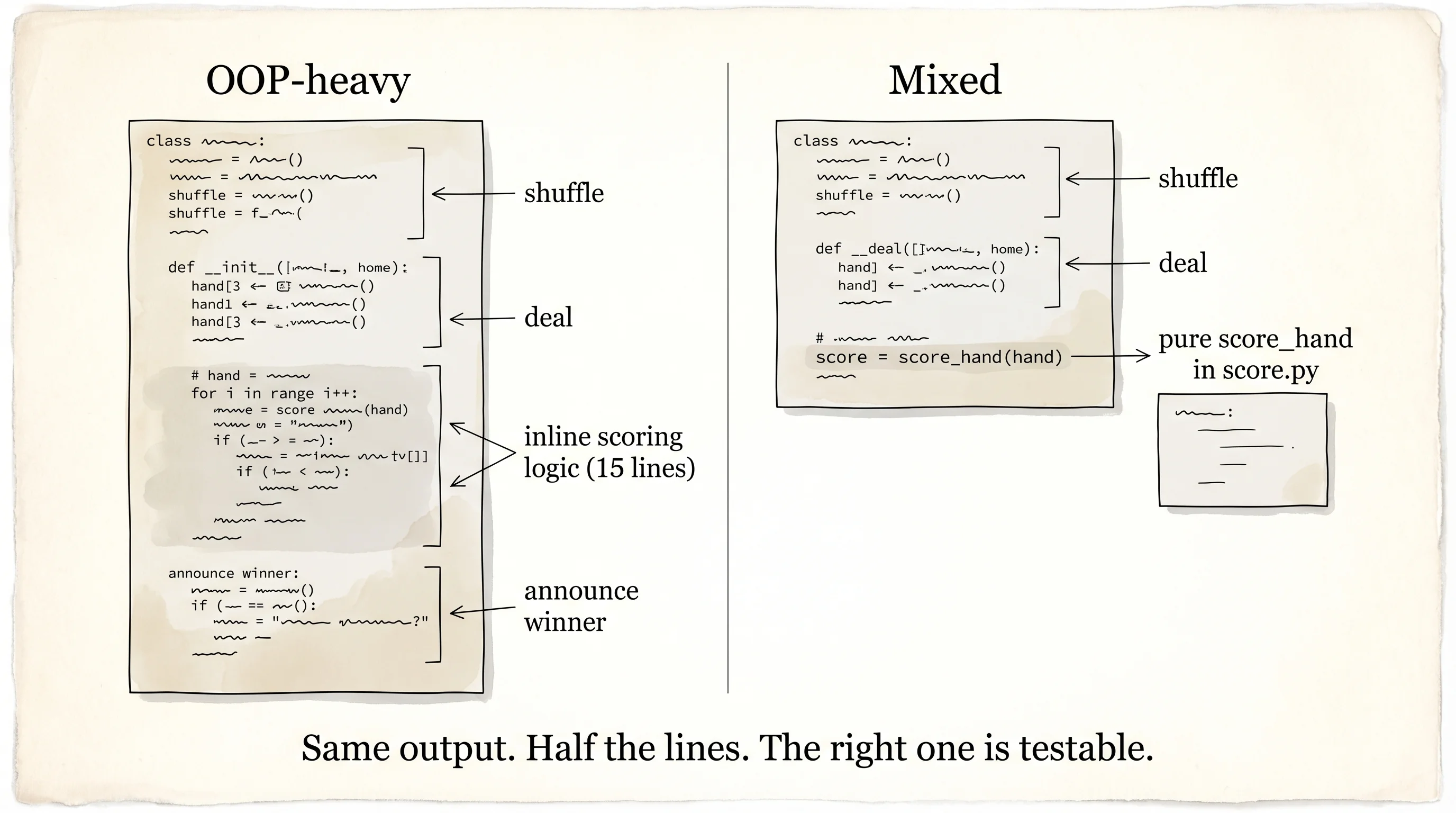 The same play_round function, OOP-heavy on the left, mixed paradigms on the right.