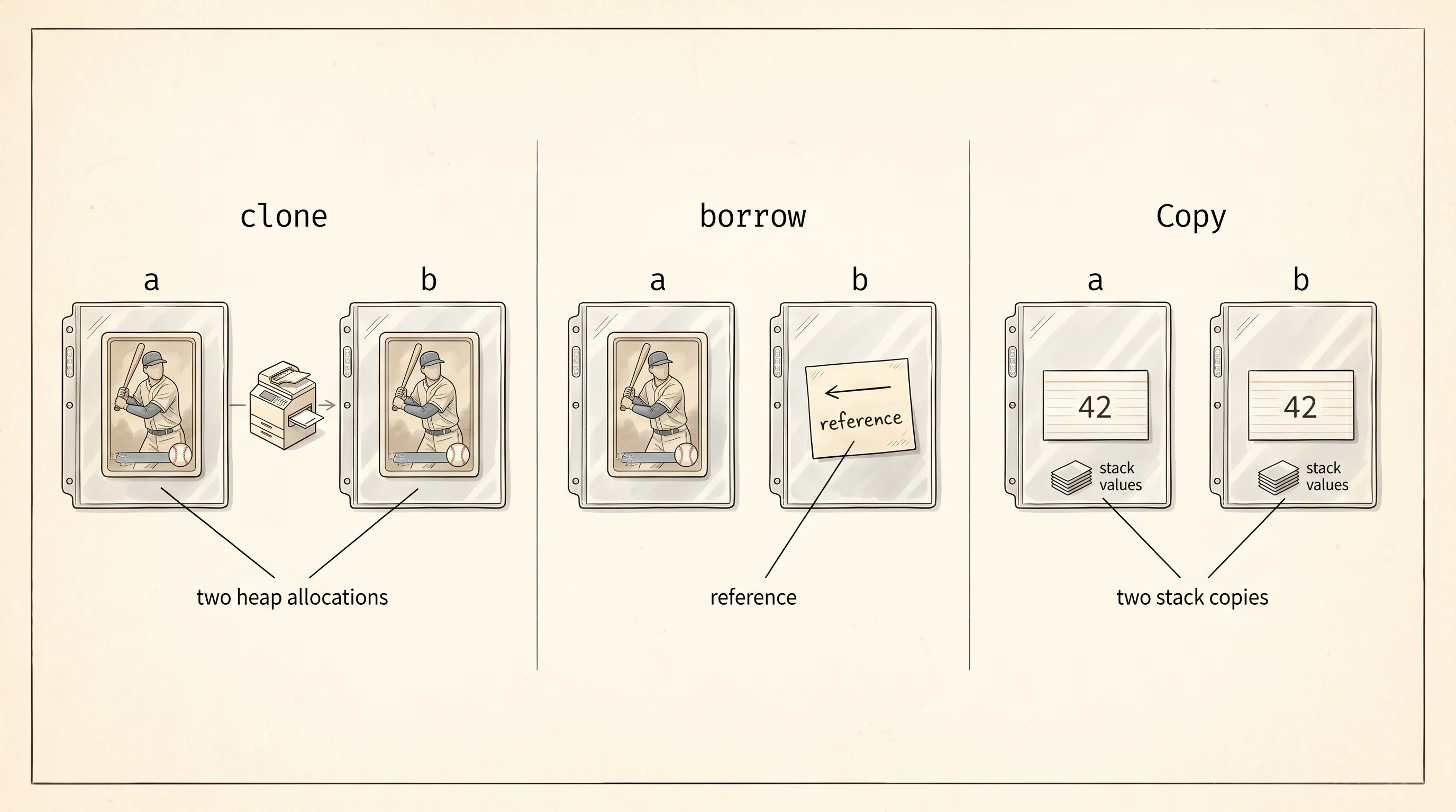 The three fixes for the move error: clone, borrow, and Copy.