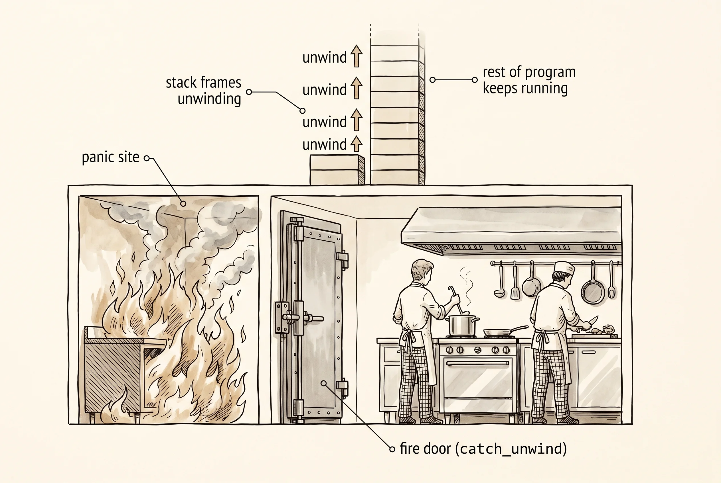 catch_unwind acts like a fire door: the panic unwinds up to the door and the rest of the program keeps running.