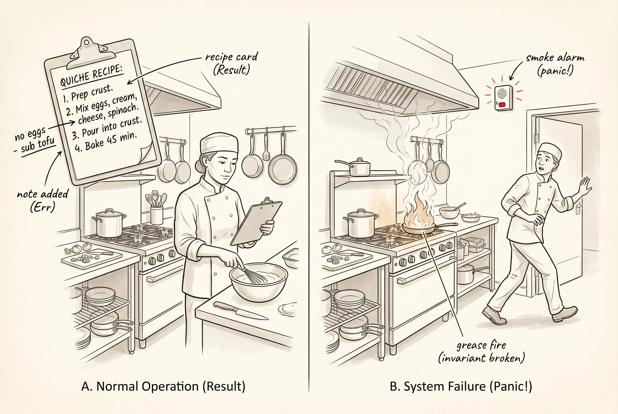 Two ways a kitchen handles trouble: a recipe card with a note vs. a smoke alarm and an evacuation.