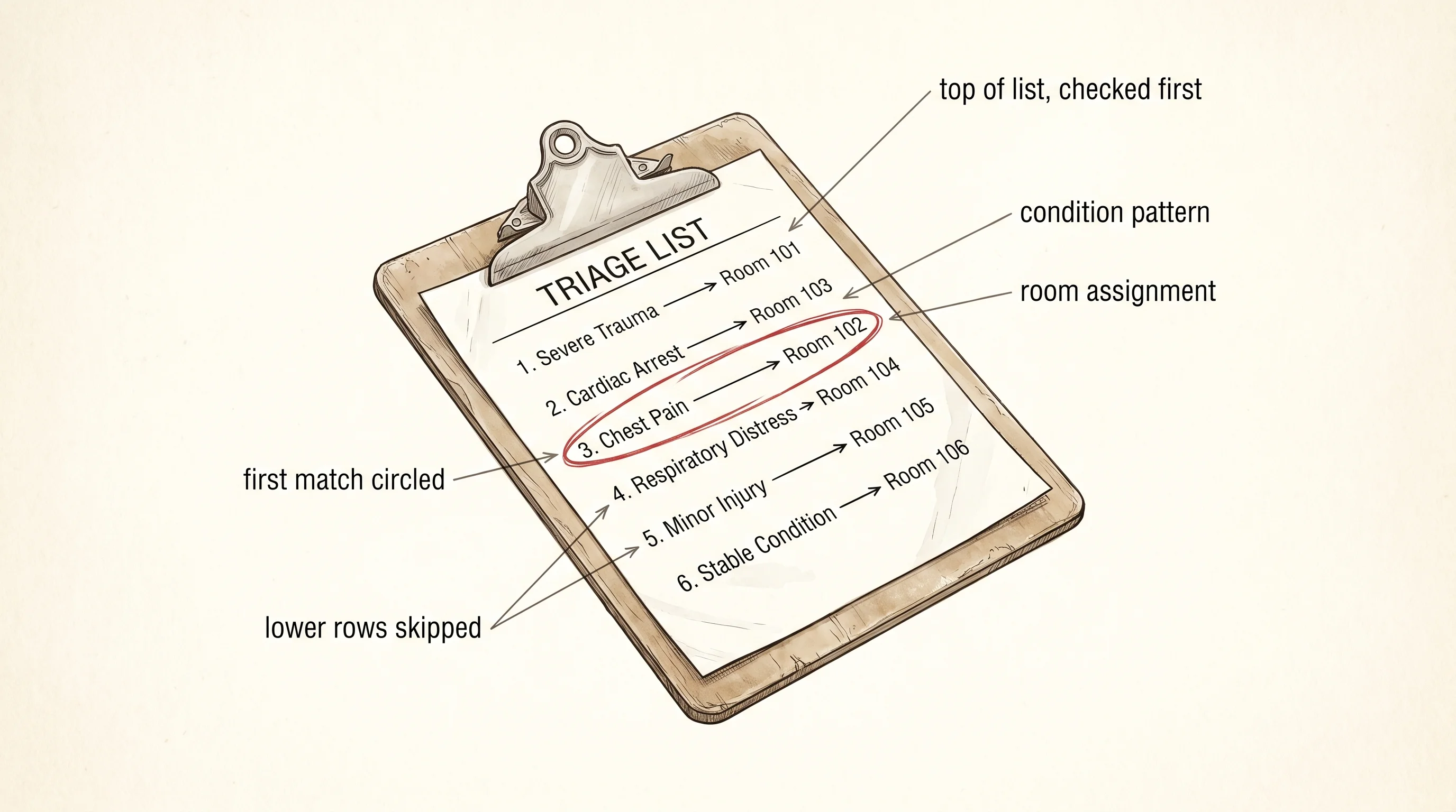 A hospital triage clipboard with a numbered list of conditions, the first matching row circled.