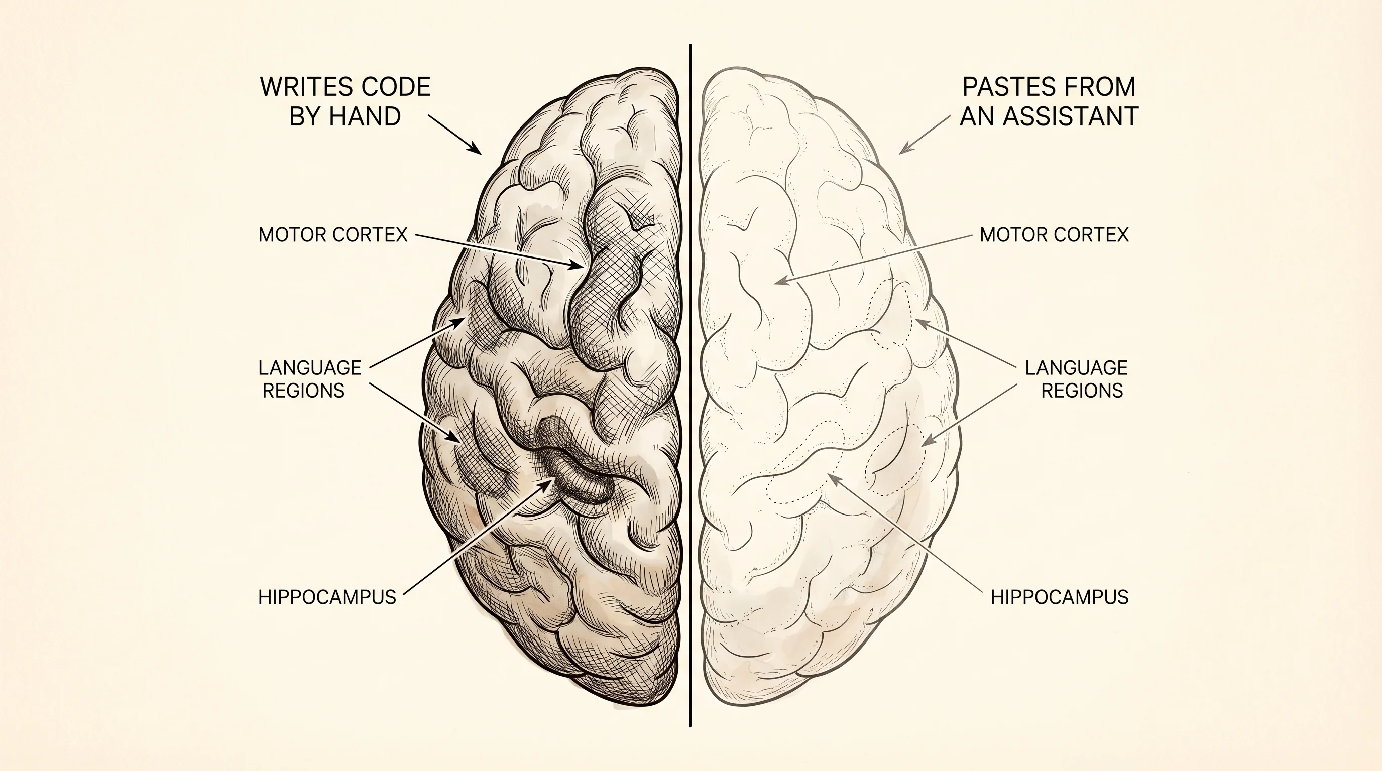 A brain drawn in two halves: one lit from writing by hand, one dim from pasting.