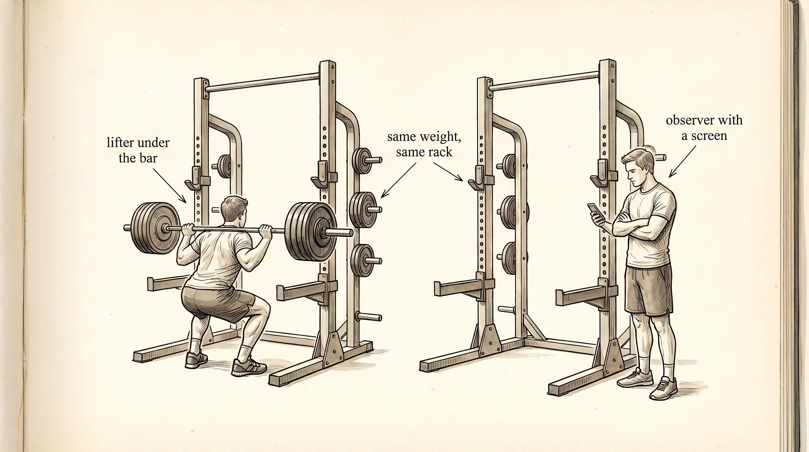 Two lifters at matching racks — one moves the bar, one watches a screen.