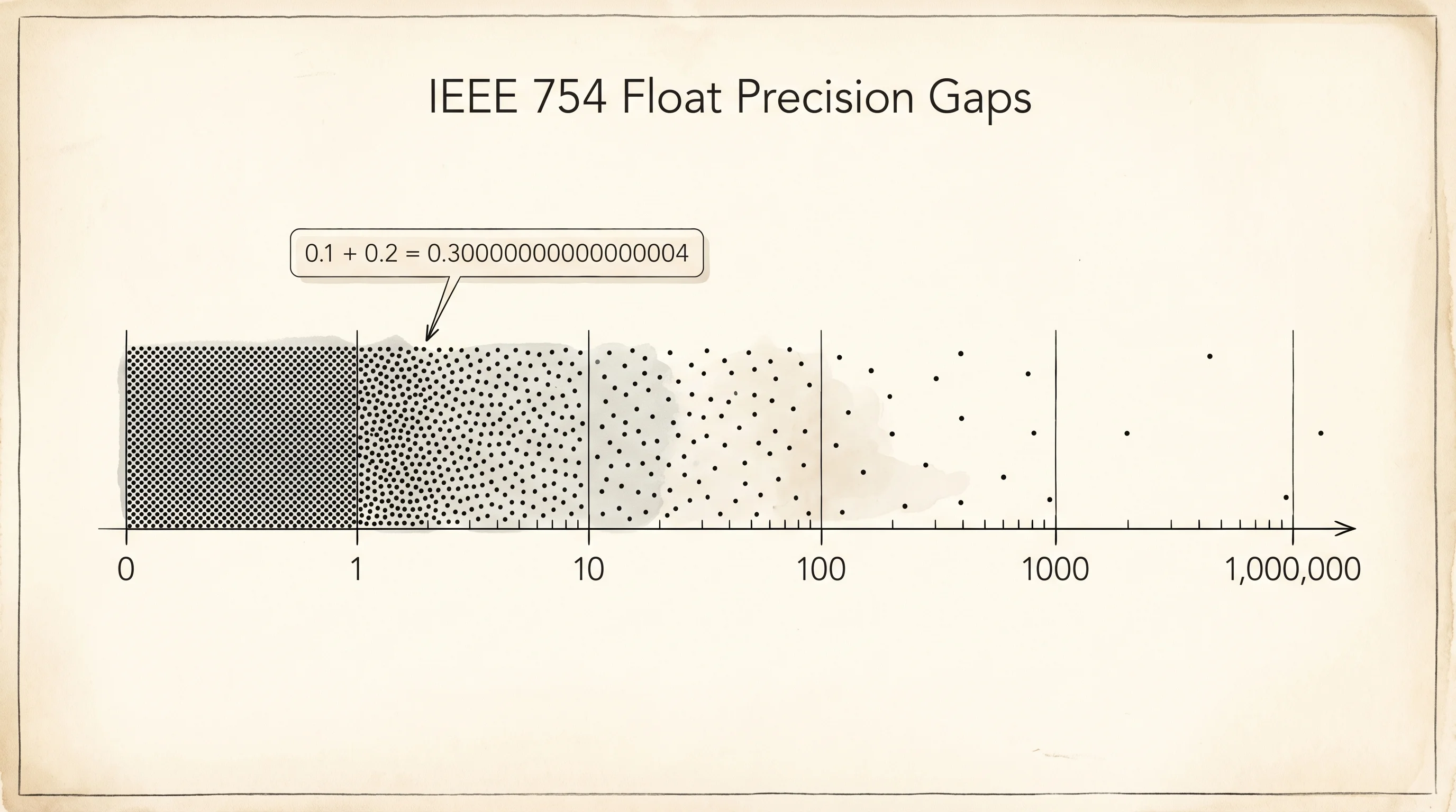 A number line showing the gaps between representable floats grow as numbers grow.