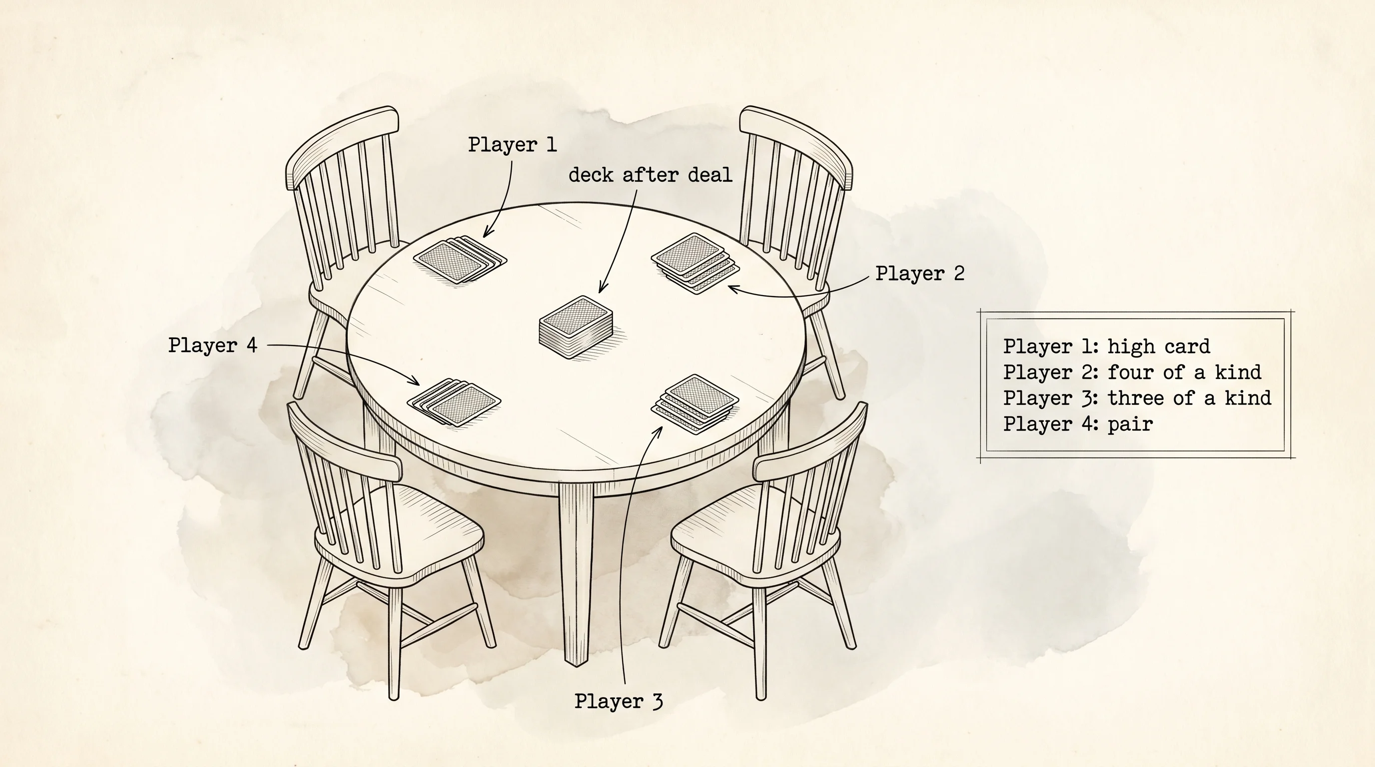 A four-seat table mid-deal with the program's output mirrored beside it.