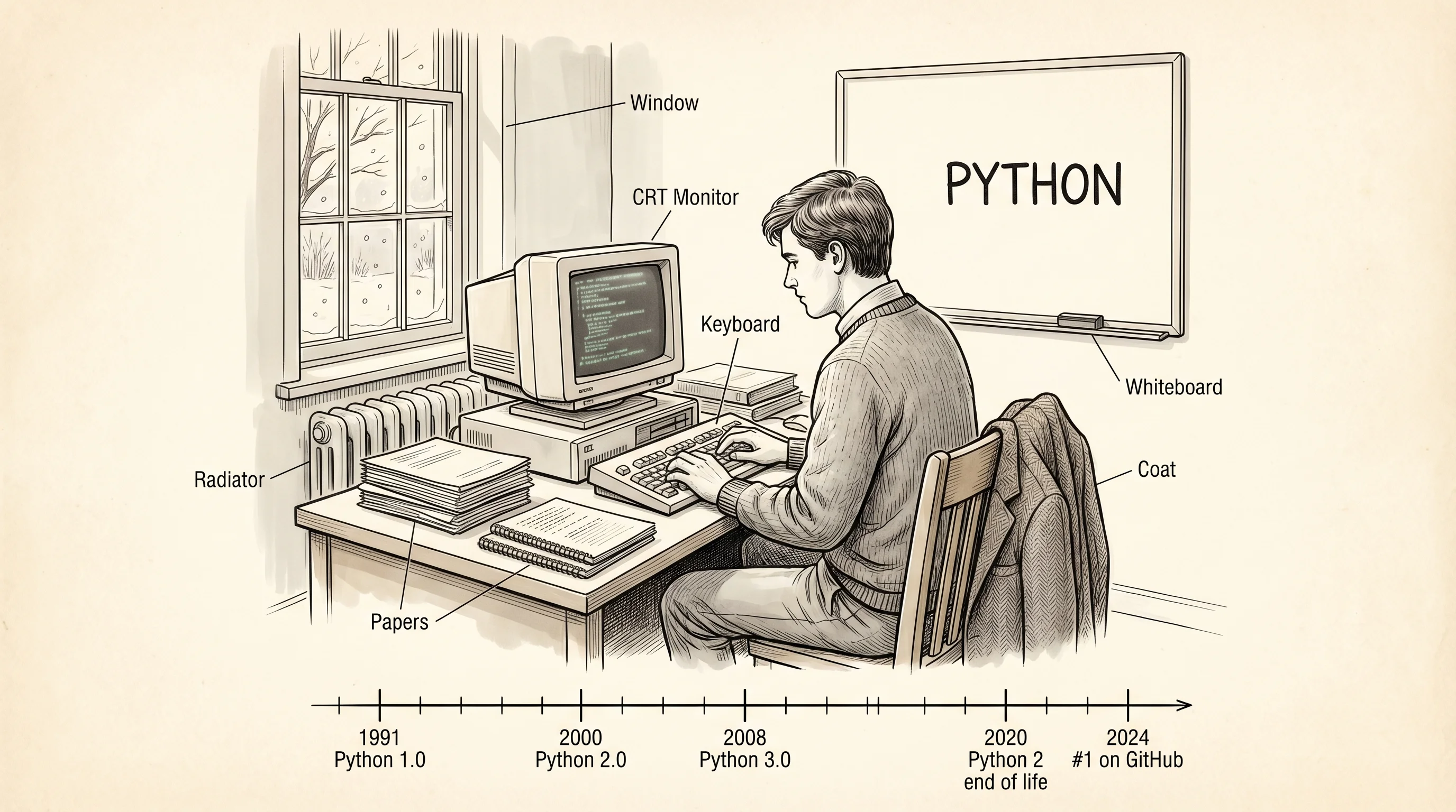 A lone researcher in Amsterdam, winter 1989, and the Python timeline that followed.