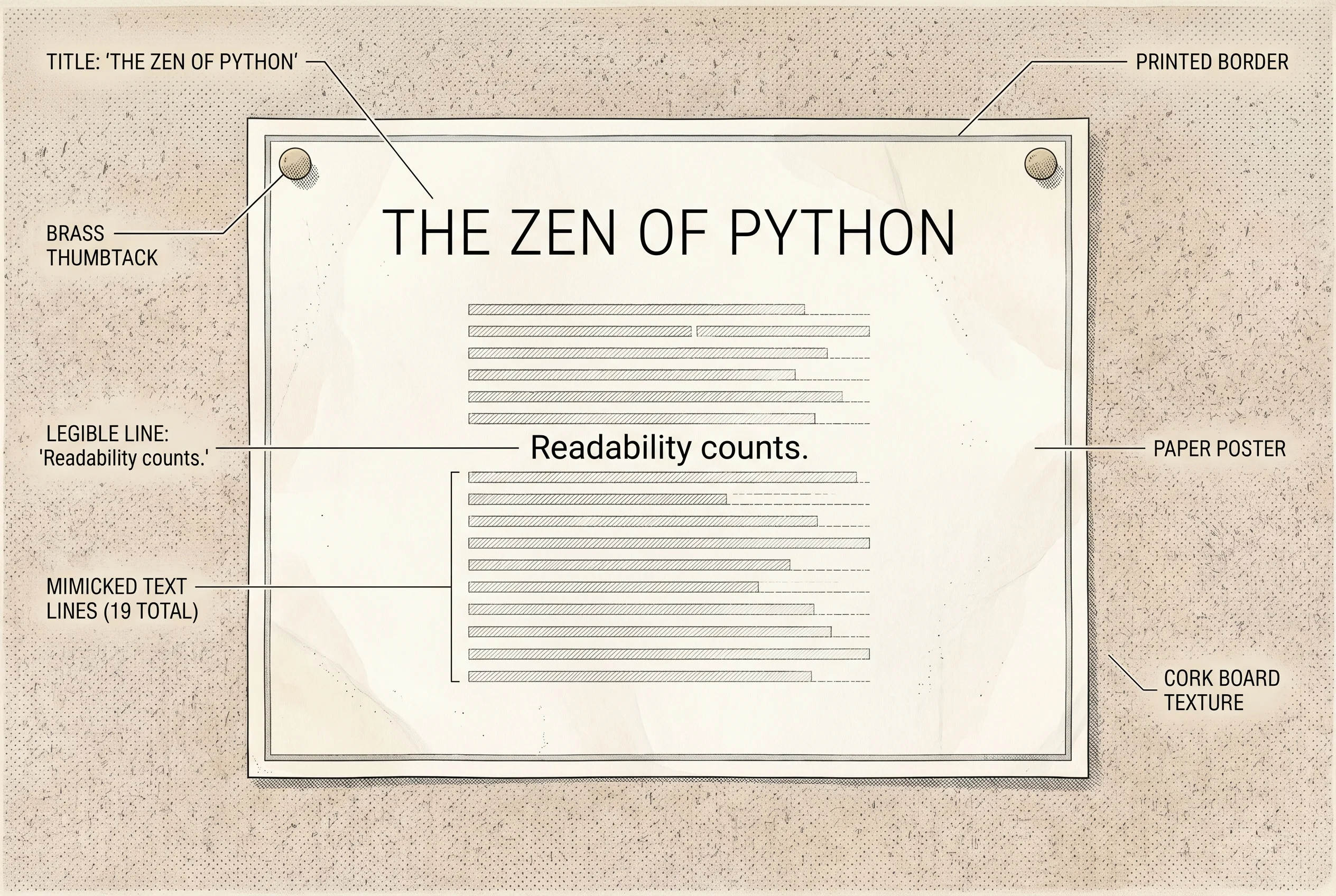The Zen of Python, pinned up like a workshop poster.