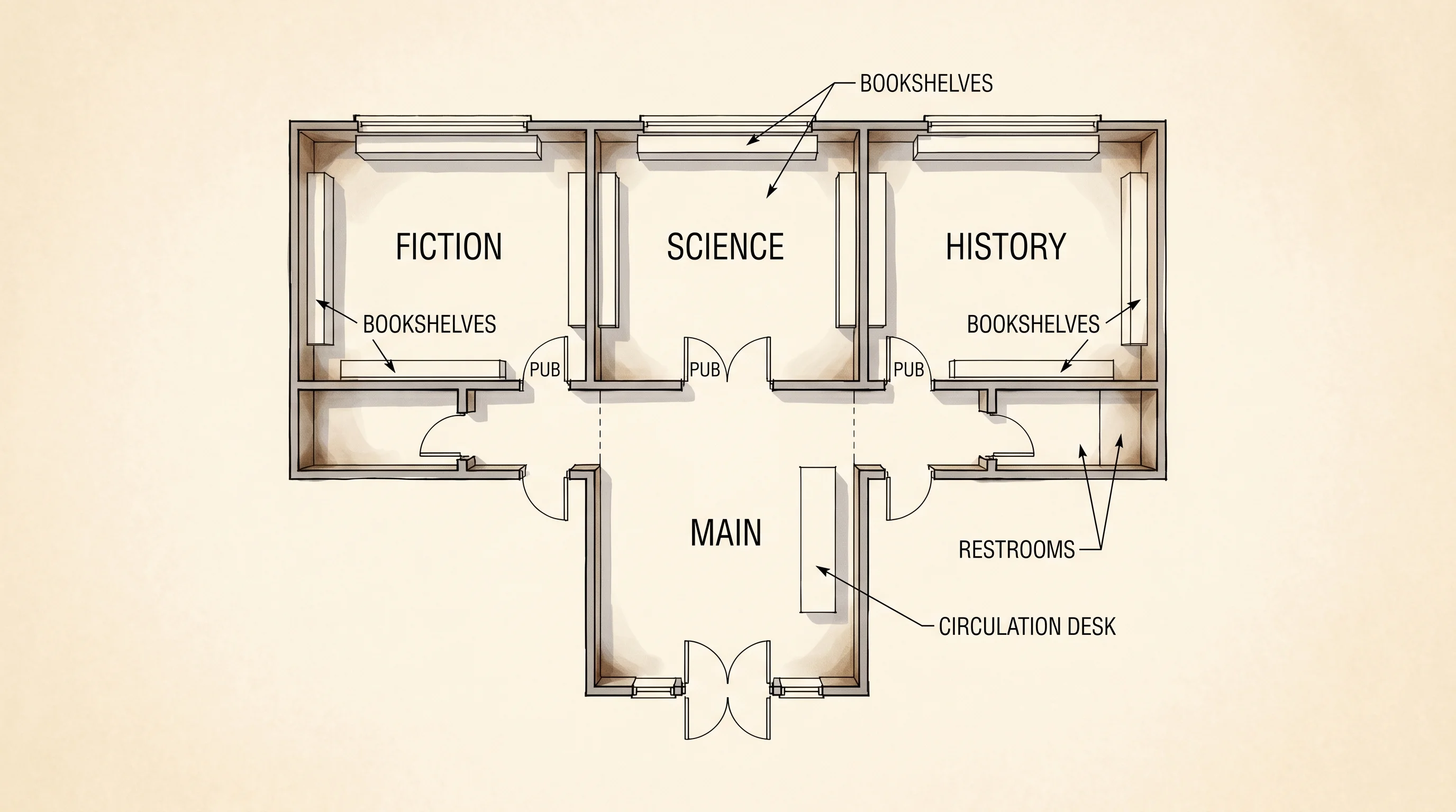 A floor plan of a small city library showing branches as Rust modules.