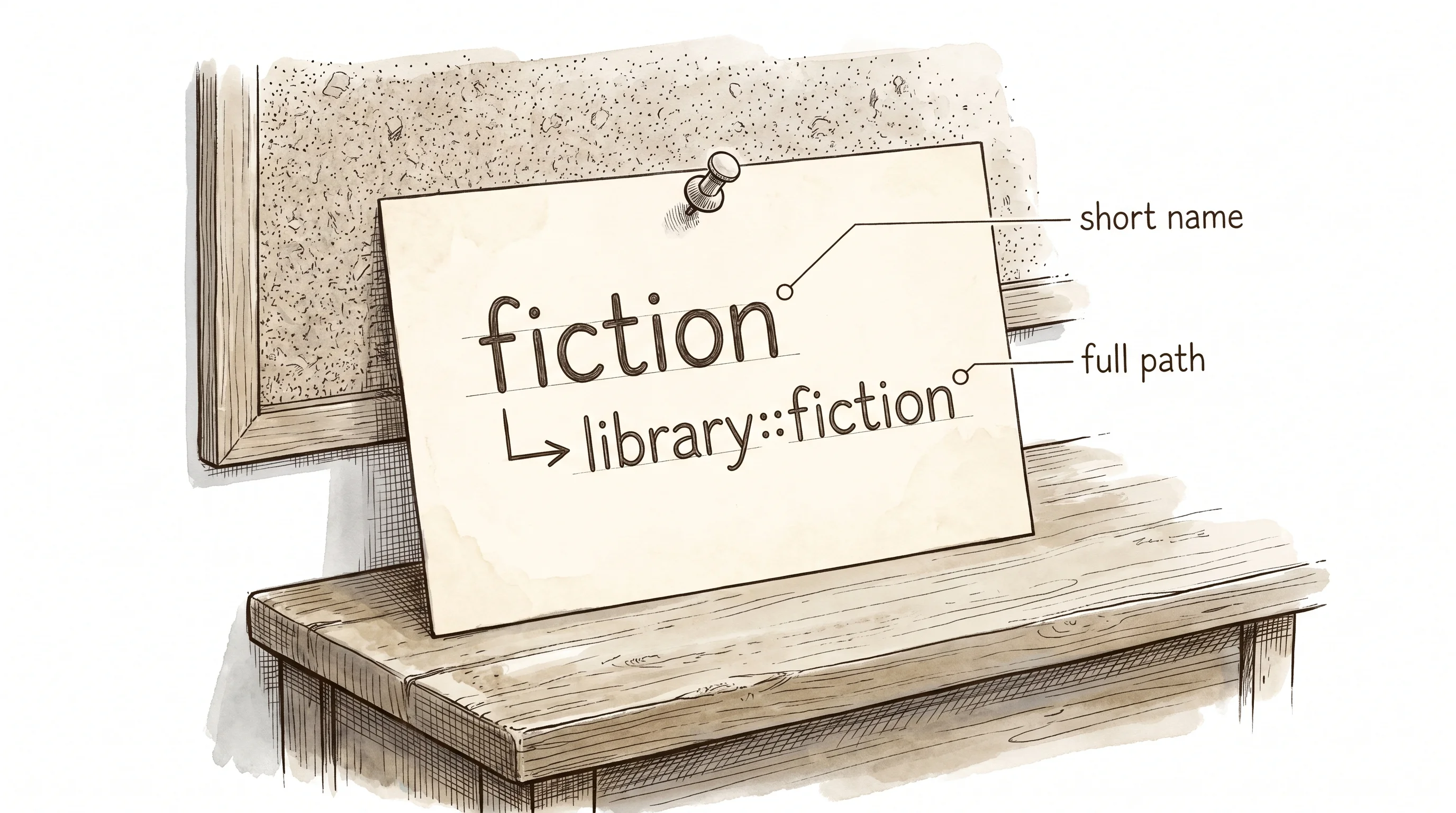 A library catalog card showing how a use statement maps a short name to a full module path.