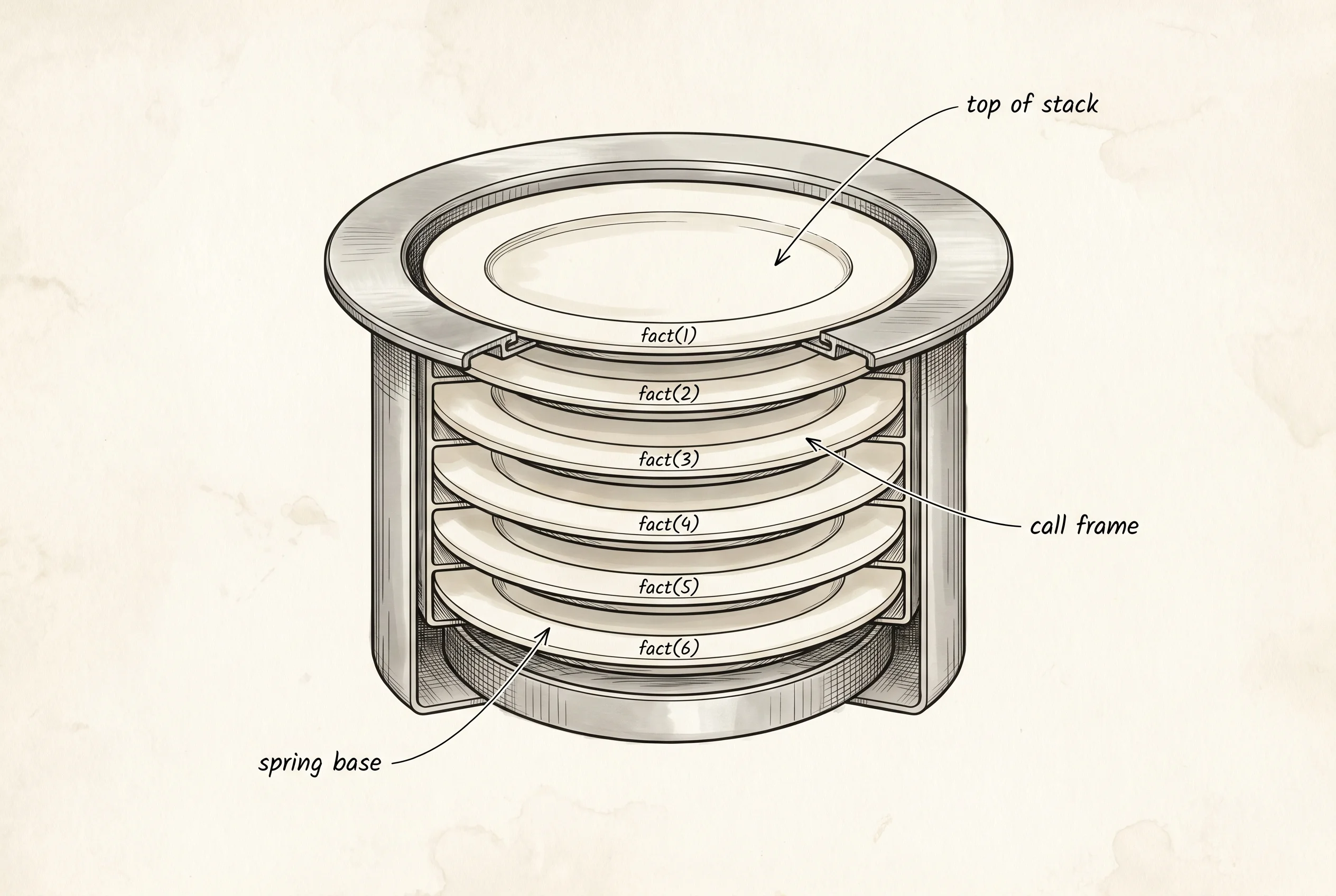 A cafeteria plate dispenser holding a stack of function-call plates, each with arguments written on the rim.