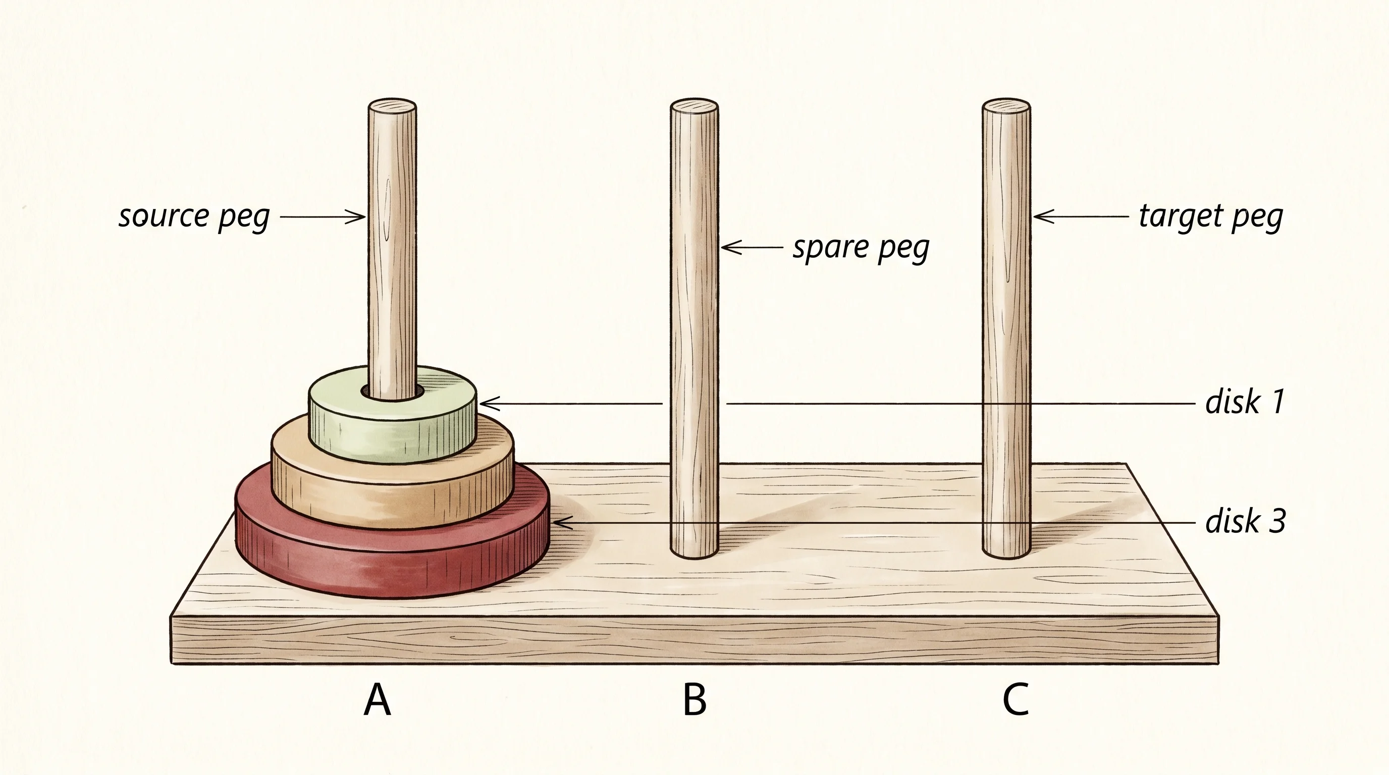 Tower of Hanoi with three disks on three pegs, showing the start and end positions.