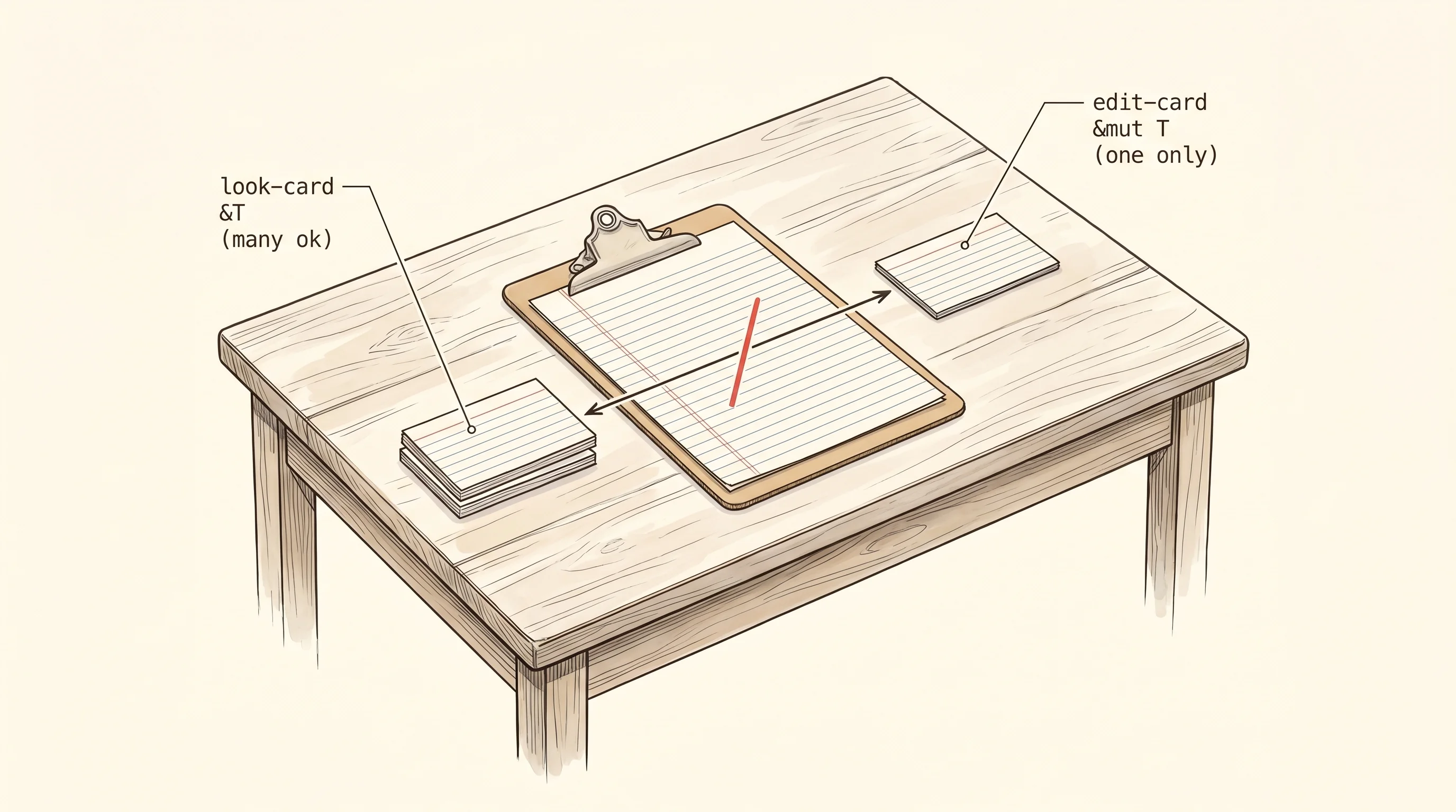 The shared clipboard rule: many readers may hold look-cards, only one writer may hold an edit-card, never both at once.