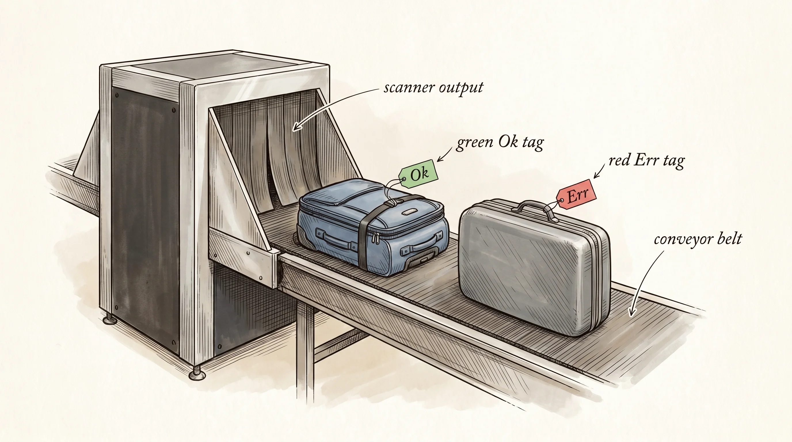 Two bags rolling off an airport x-ray belt — one tagged Ok in green, one tagged Err in red.
