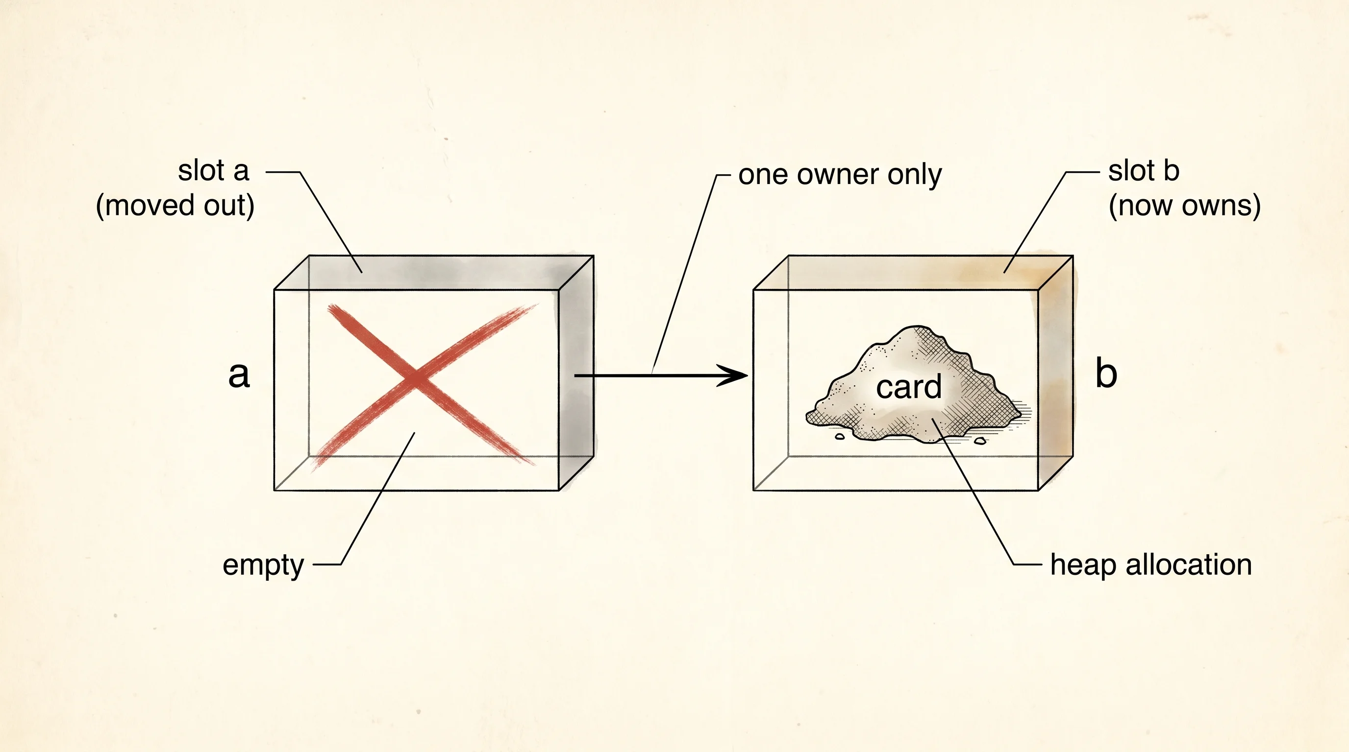 After let b = a, the original slot is crossed out and the value lives only at b.